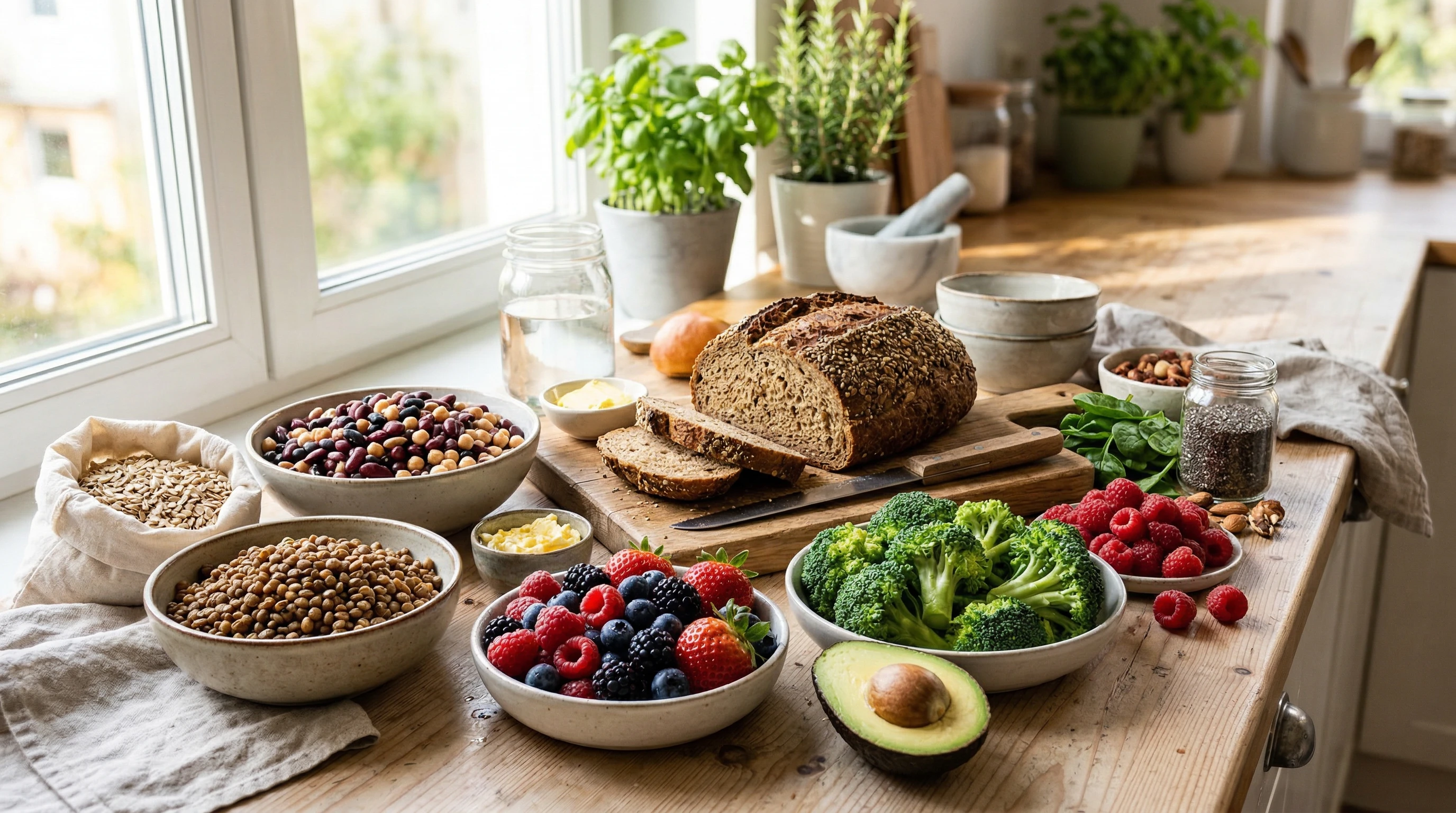 A colorful spread of high fiber foods including berries, avocado, beans, whole grain bread, and broccoli.