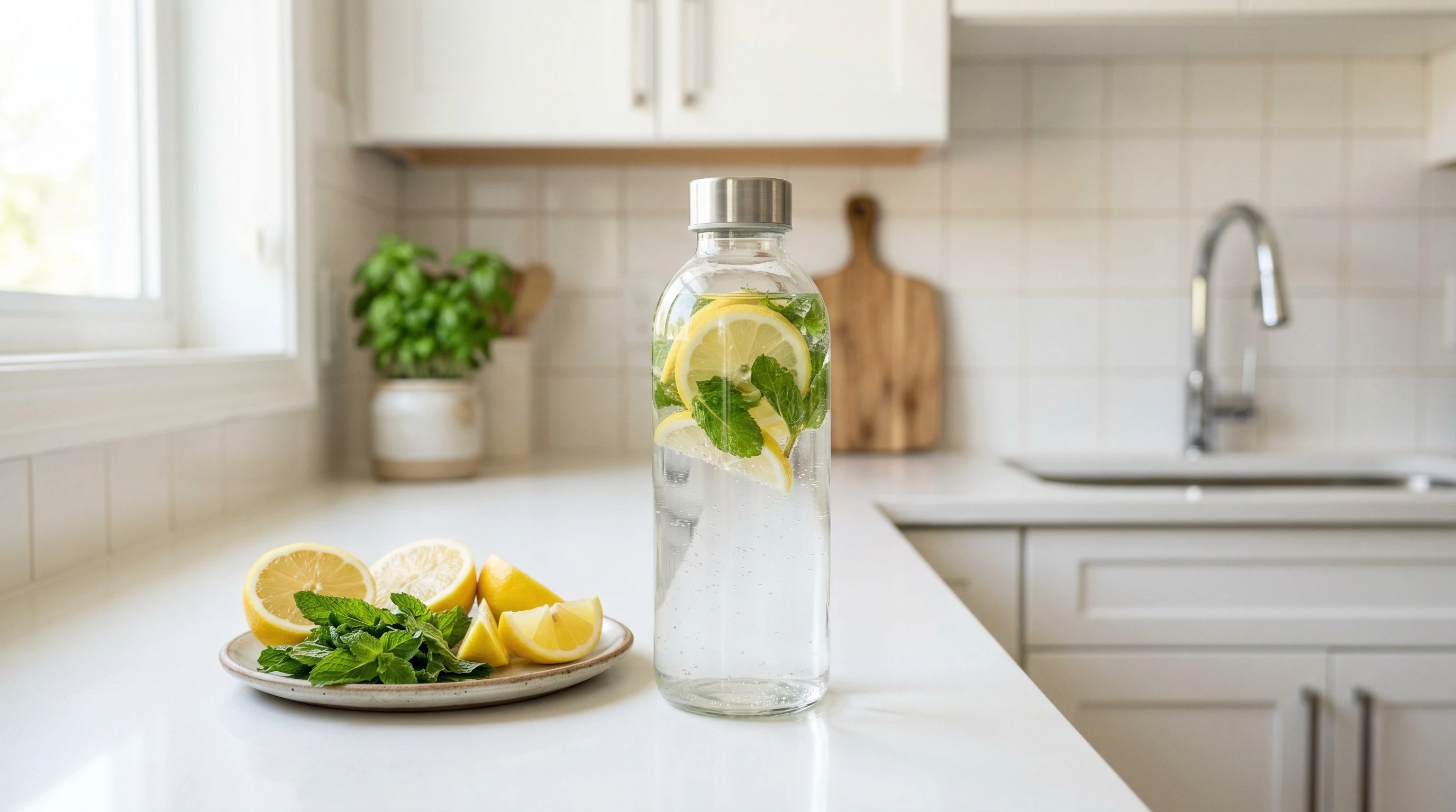 A glass water bottle on a kitchen counter with sliced lemons and fresh mint nearby