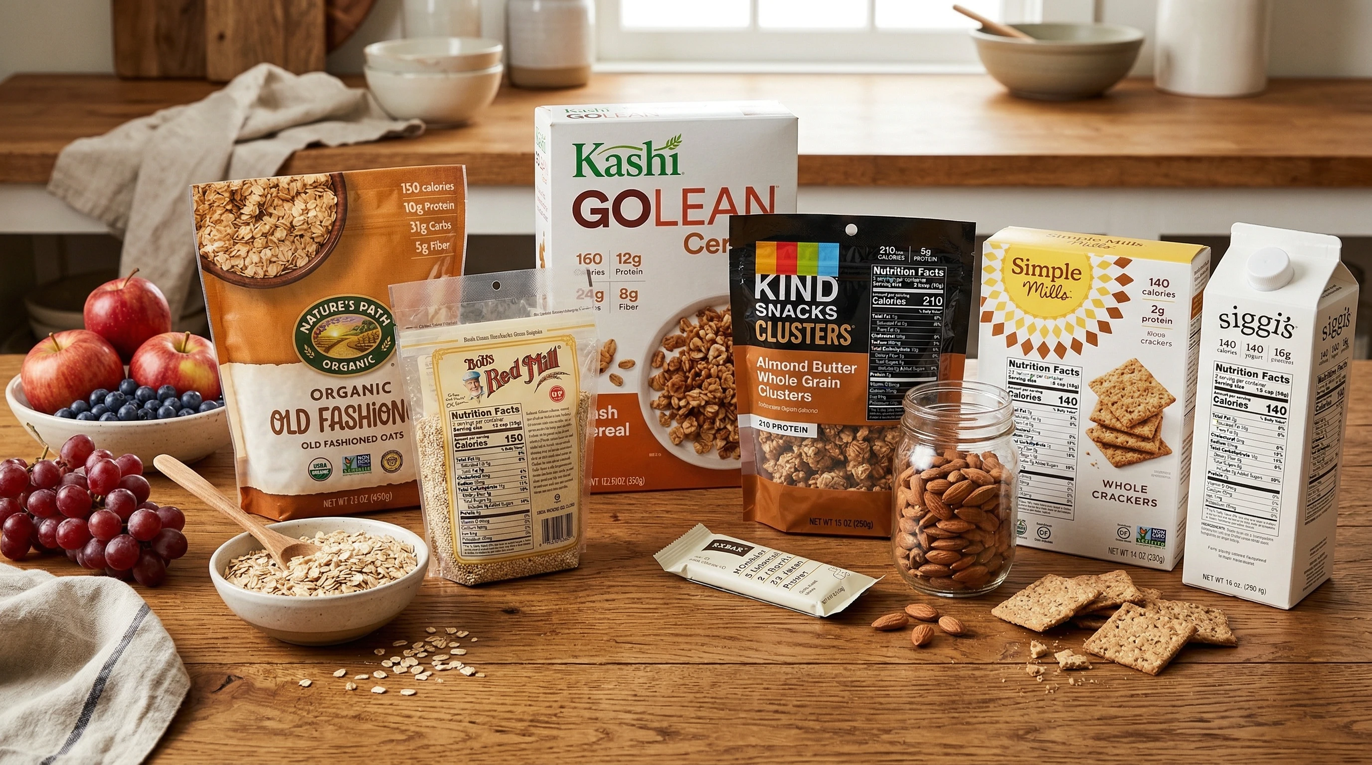 A variety of food packaging showing nutrition facts labels, with fruits, grains, and snacks spread on a wooden table