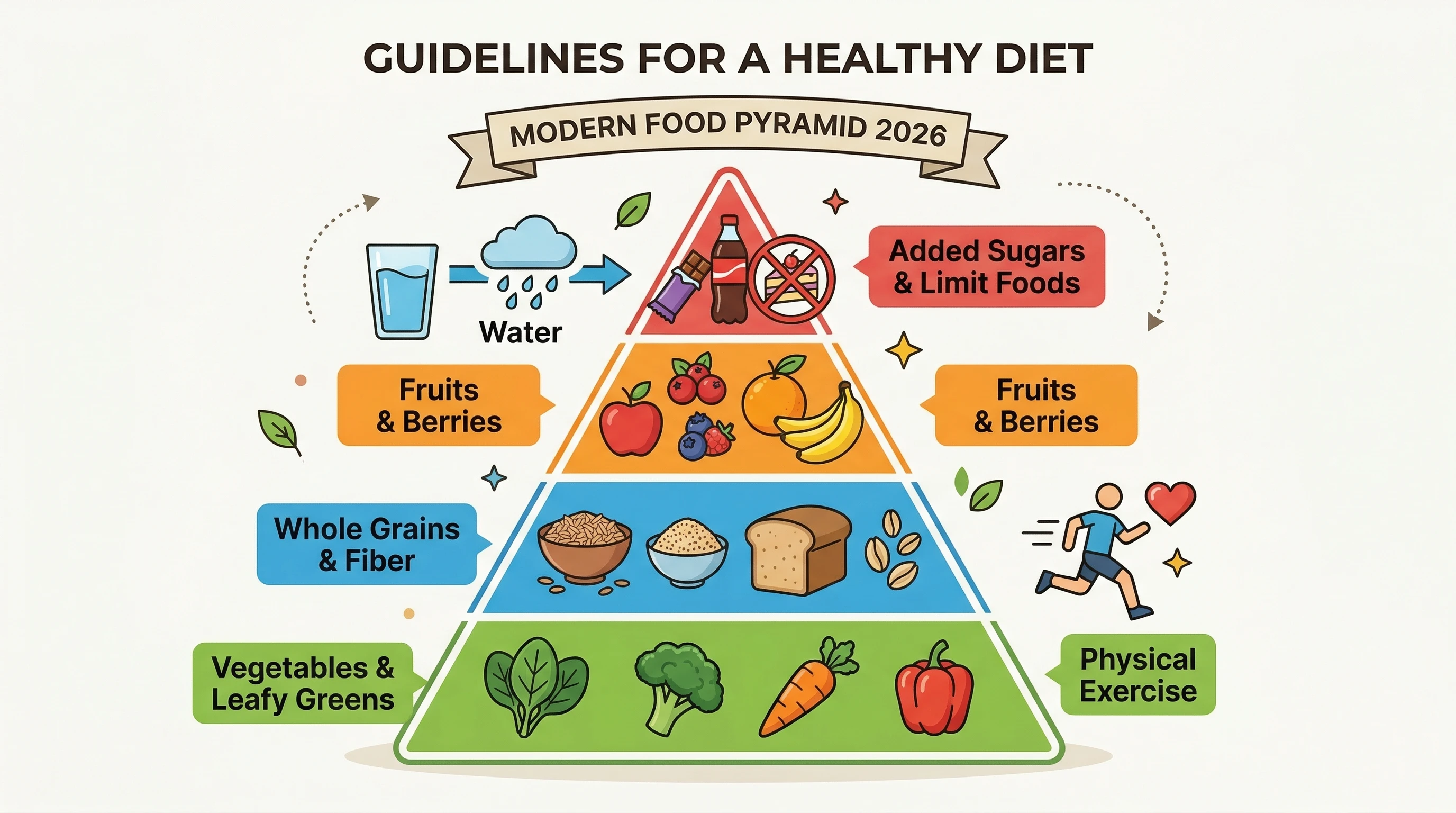 Illustration of a modern food pyramid for 2026 featuring whole foods, grains, and sugar placement