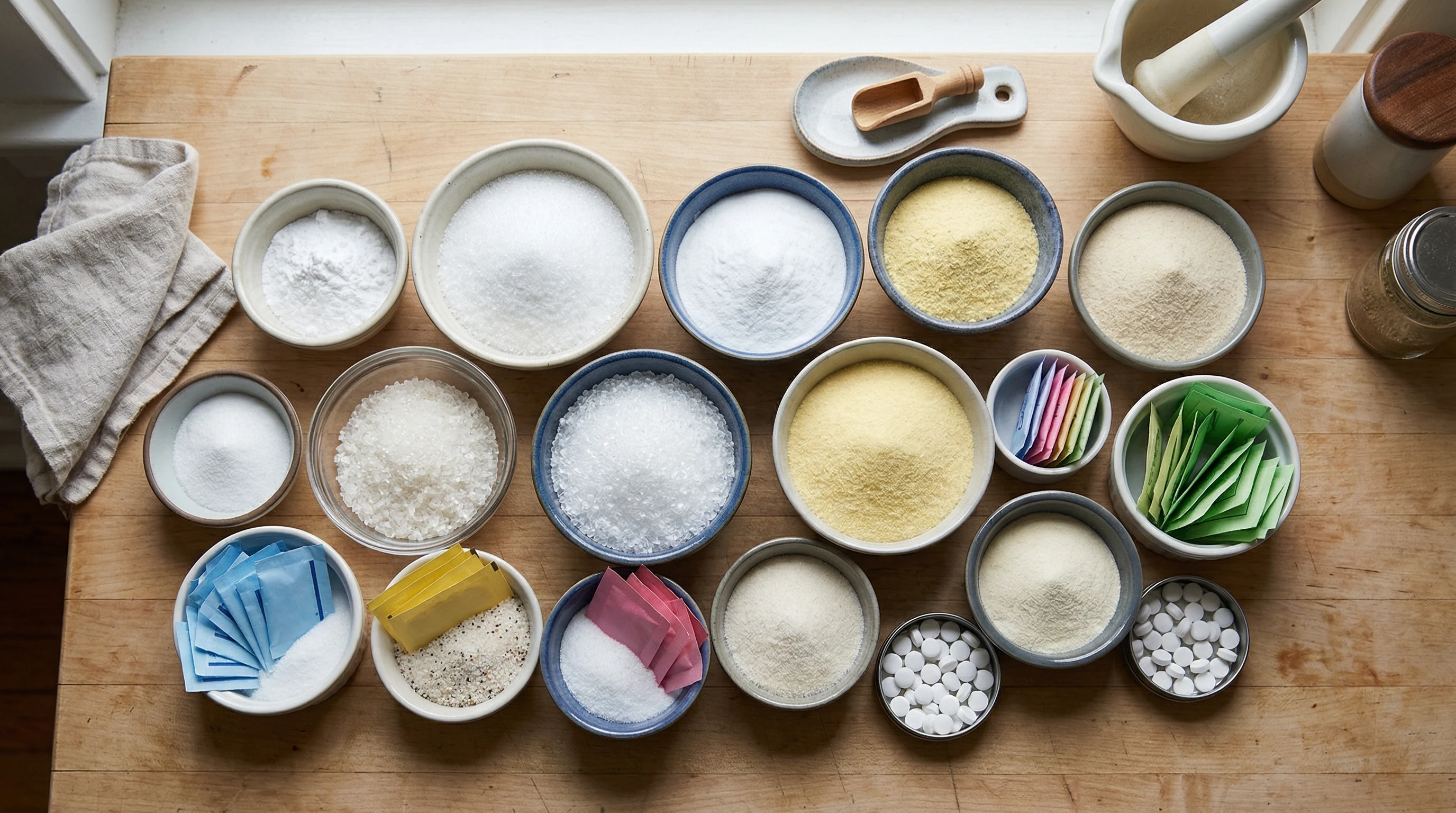 Artificial sweeteners assortment in bowls and packets on a kitchen counter with pure white background