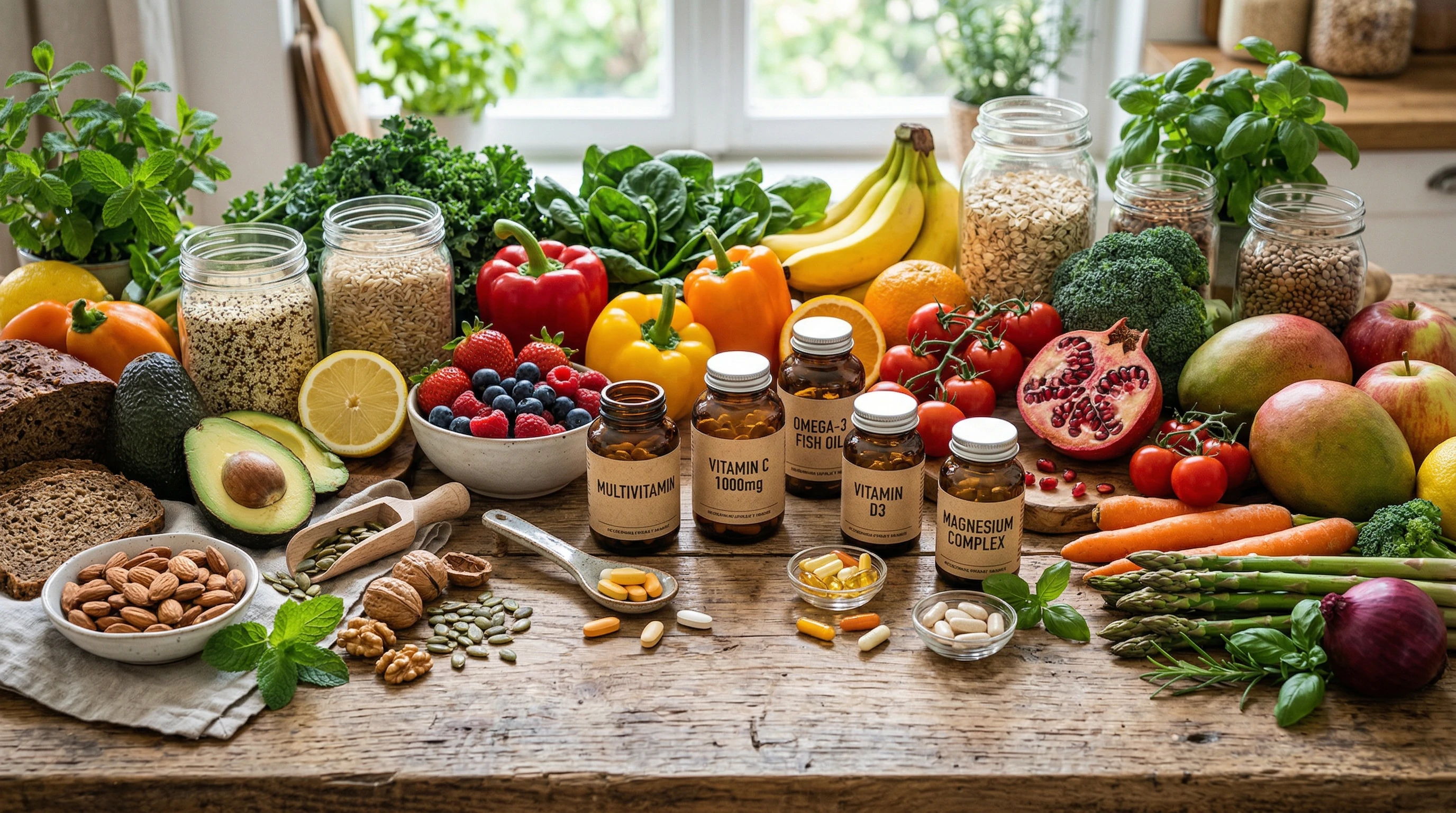 Fresh fruits, vegetables, nuts, and supplements on a wooden table