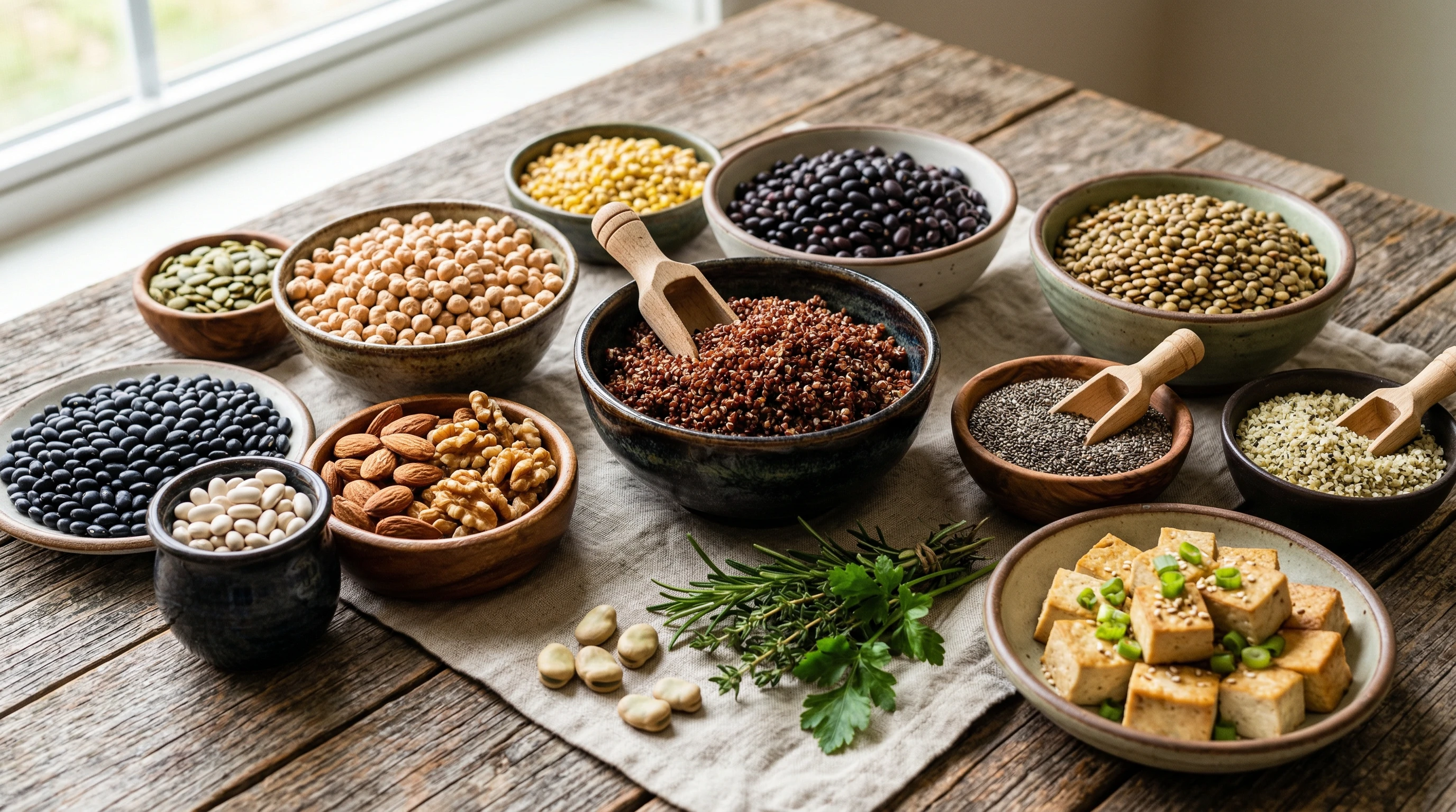 Assorted plant-based protein sources including beans, lentils, tofu, chickpeas, and seeds arranged on a wooden table next to wooden scoops of protein powder
