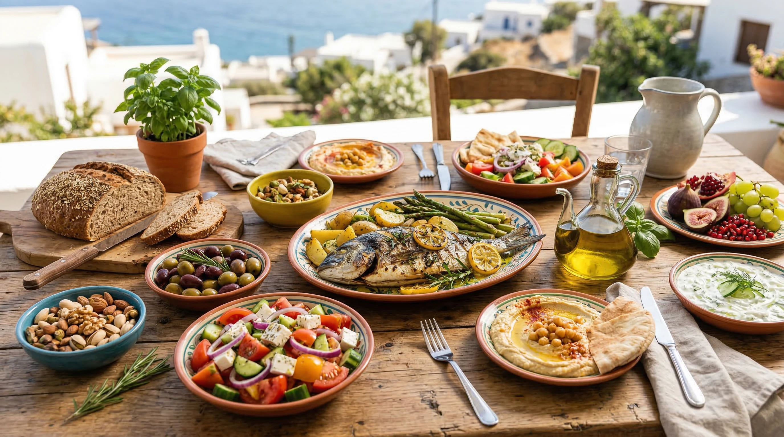 Colorful Mediterranean foods: grains, greens, olive oil, nuts, fish, tomatoes