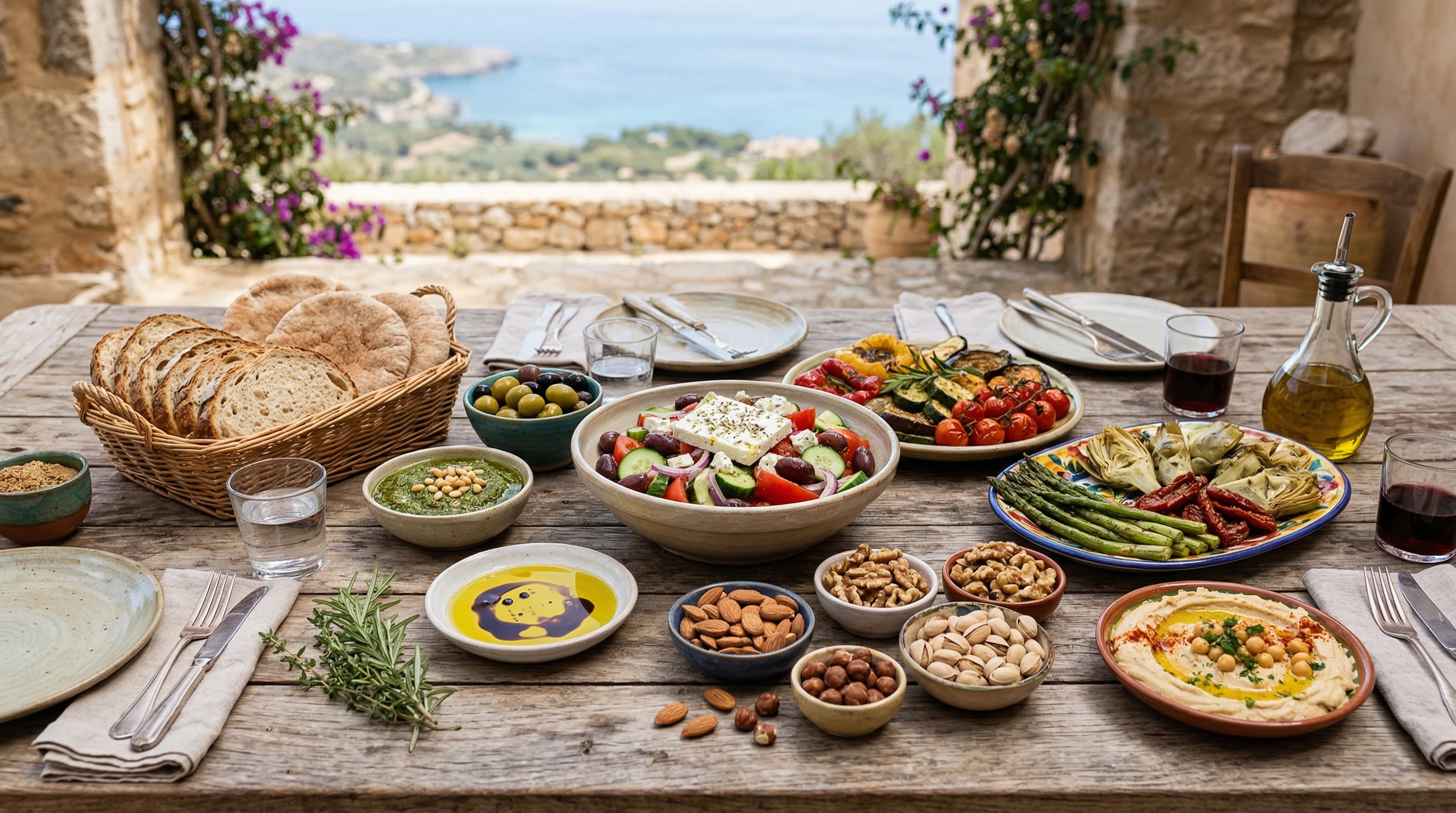 A colorful spread of Mediterranean foods featuring vegetables, olive oil, bread, and nuts on a rustic wooden table.