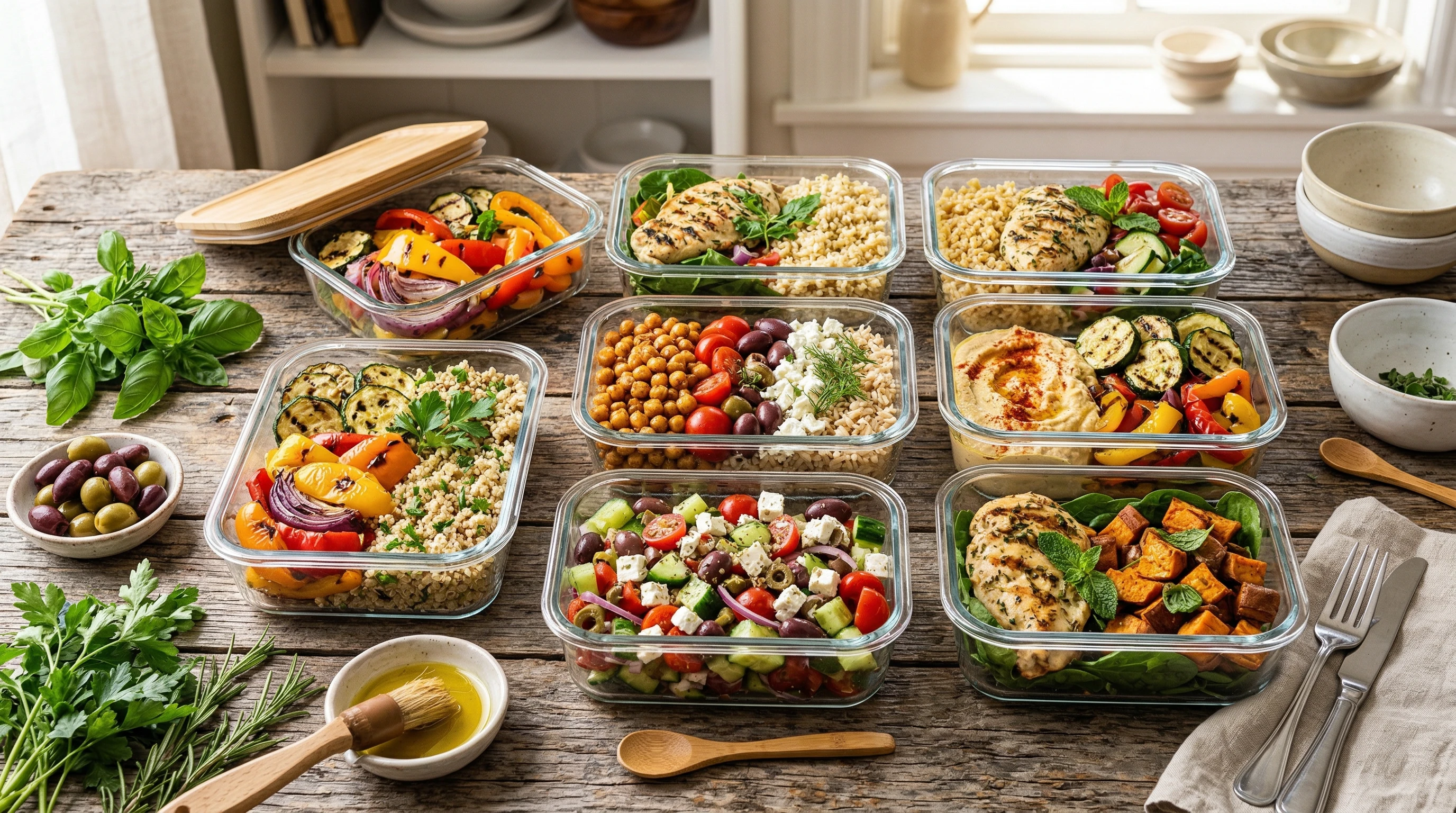 Mediterranean meal prep containers with colorful vegetables, grains, and olive oil on a rustic wooden surface