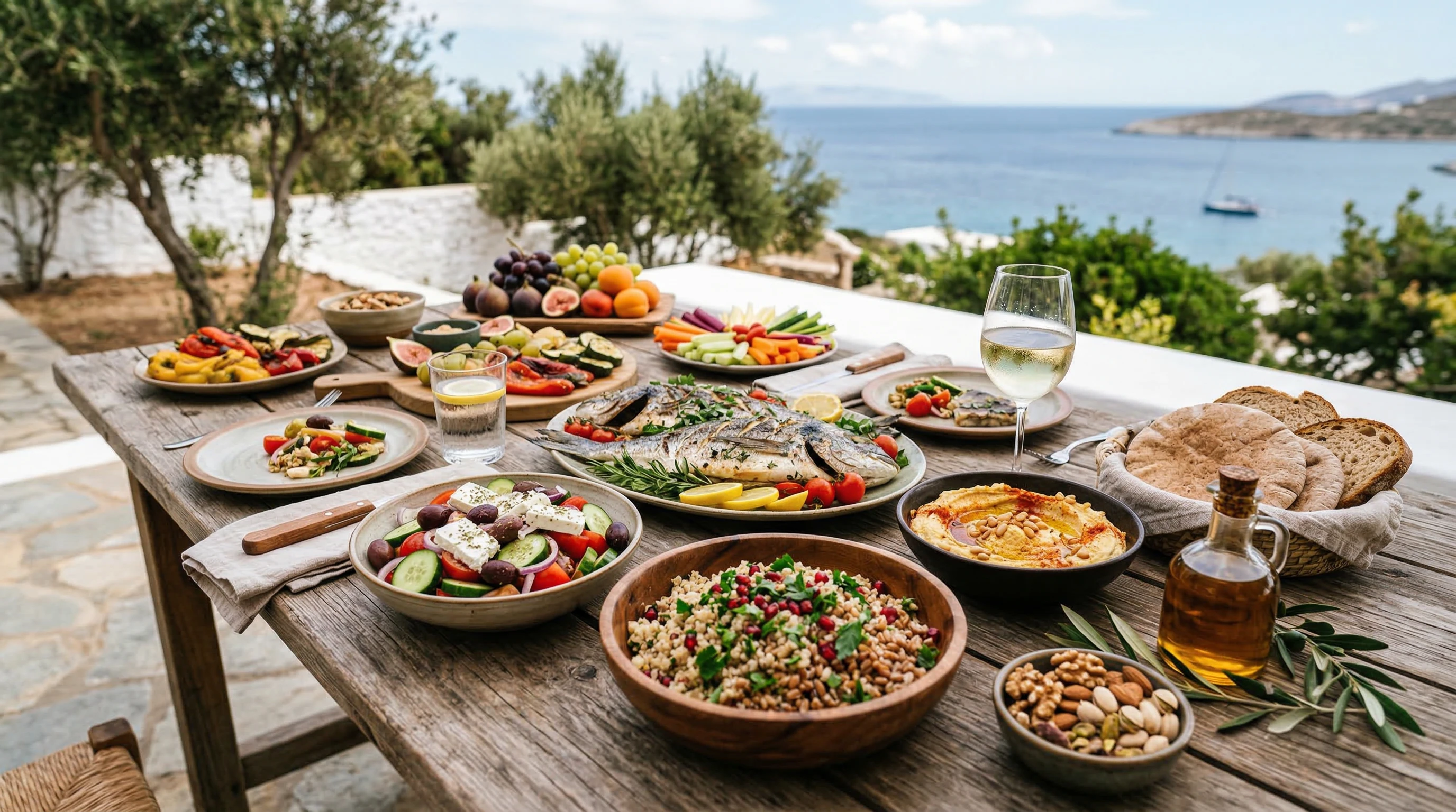 Fresh Mediterranean foods like olive oil, vegetables, and fish displayed on a wooden table