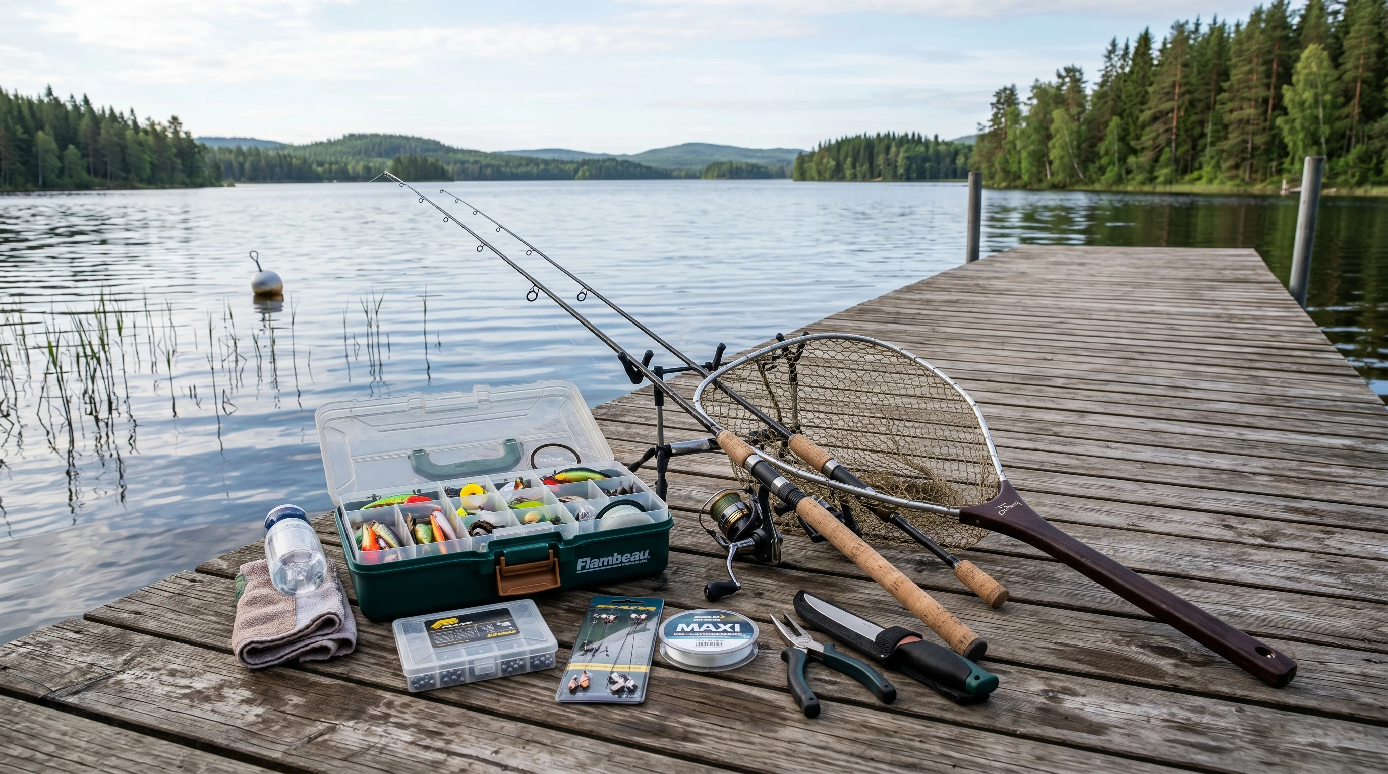 Variety of carp fishing baits and tackle on a lakeside dock