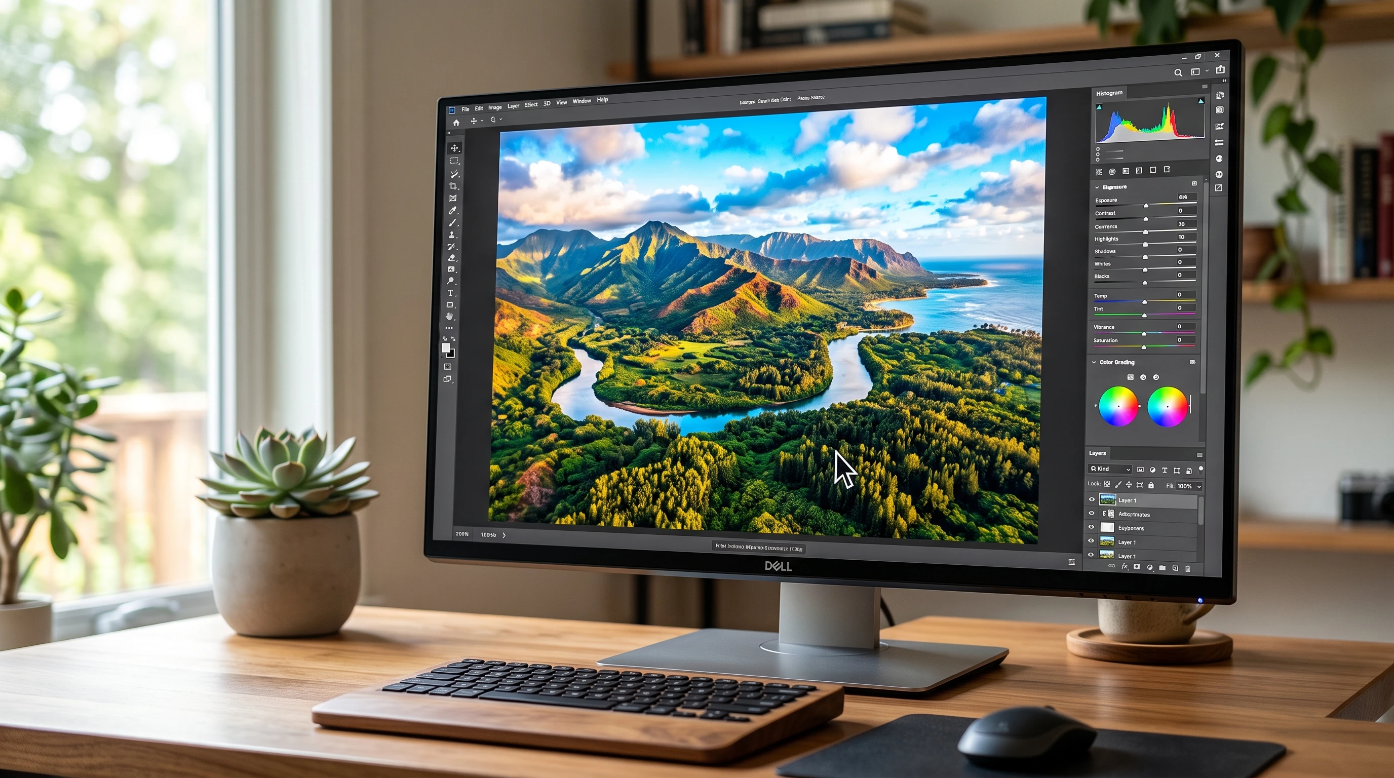Drone photography editing workspace with colorful aerial photo on screen