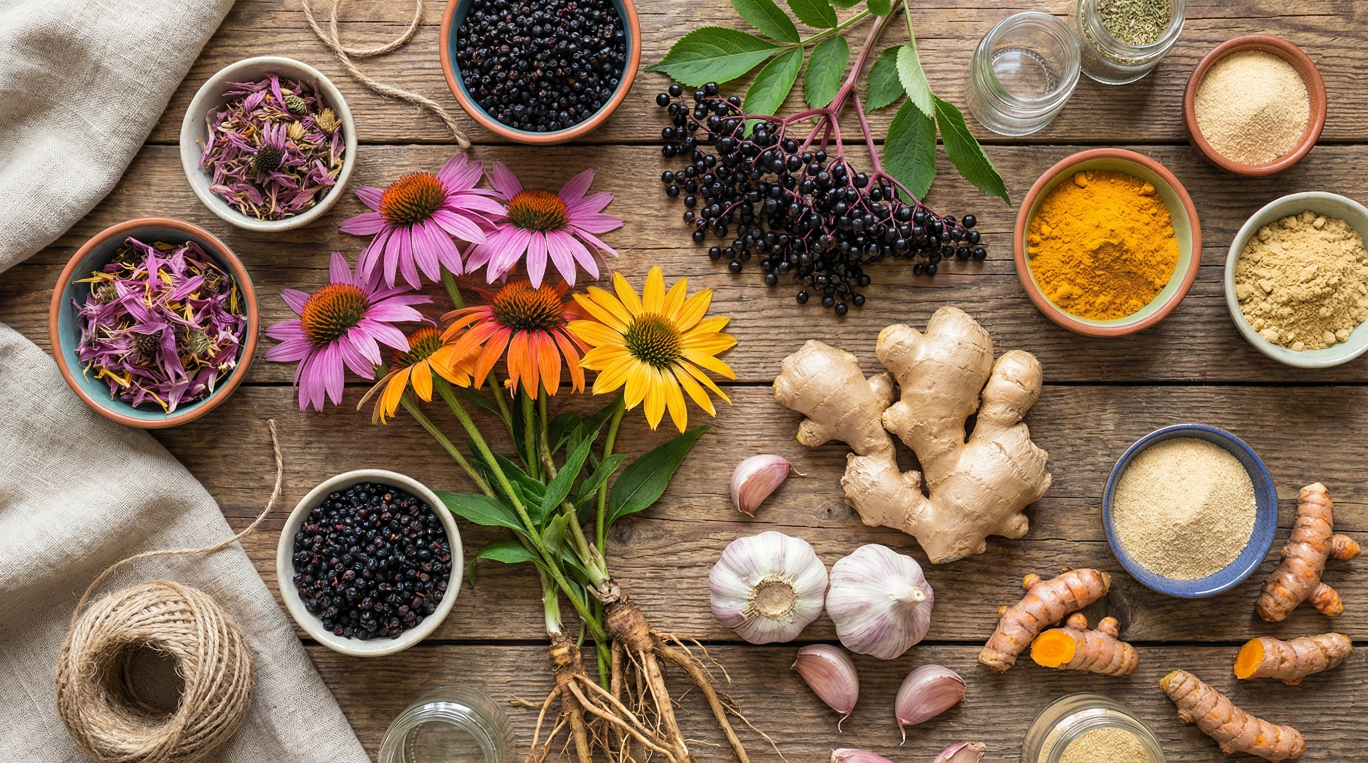 A vibrant flat lay of fresh herbs such as echinacea, elderberry, ginger, garlic, and turmeric on a rustic wooden table, surrounded by small bowls of dried and ground herbs, emphasizing the natural and colorful appeal of immunity-boosting plants.