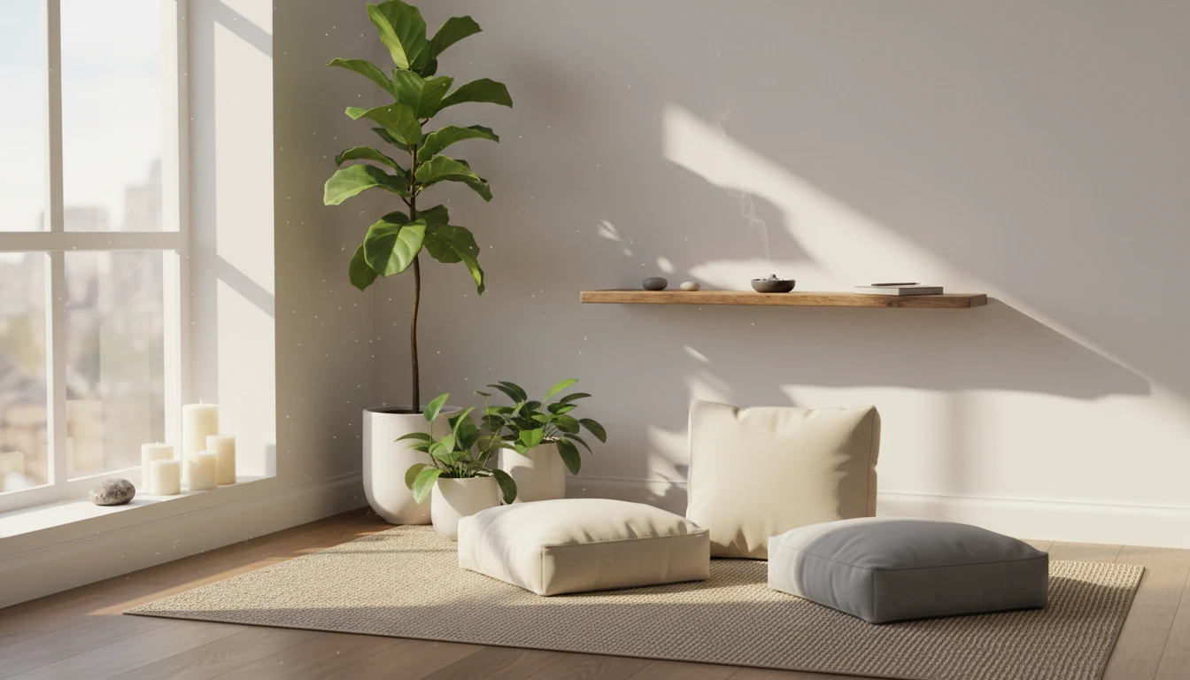 Cozy, minimalist meditation nook with cushions, plants, and soft natural lighting