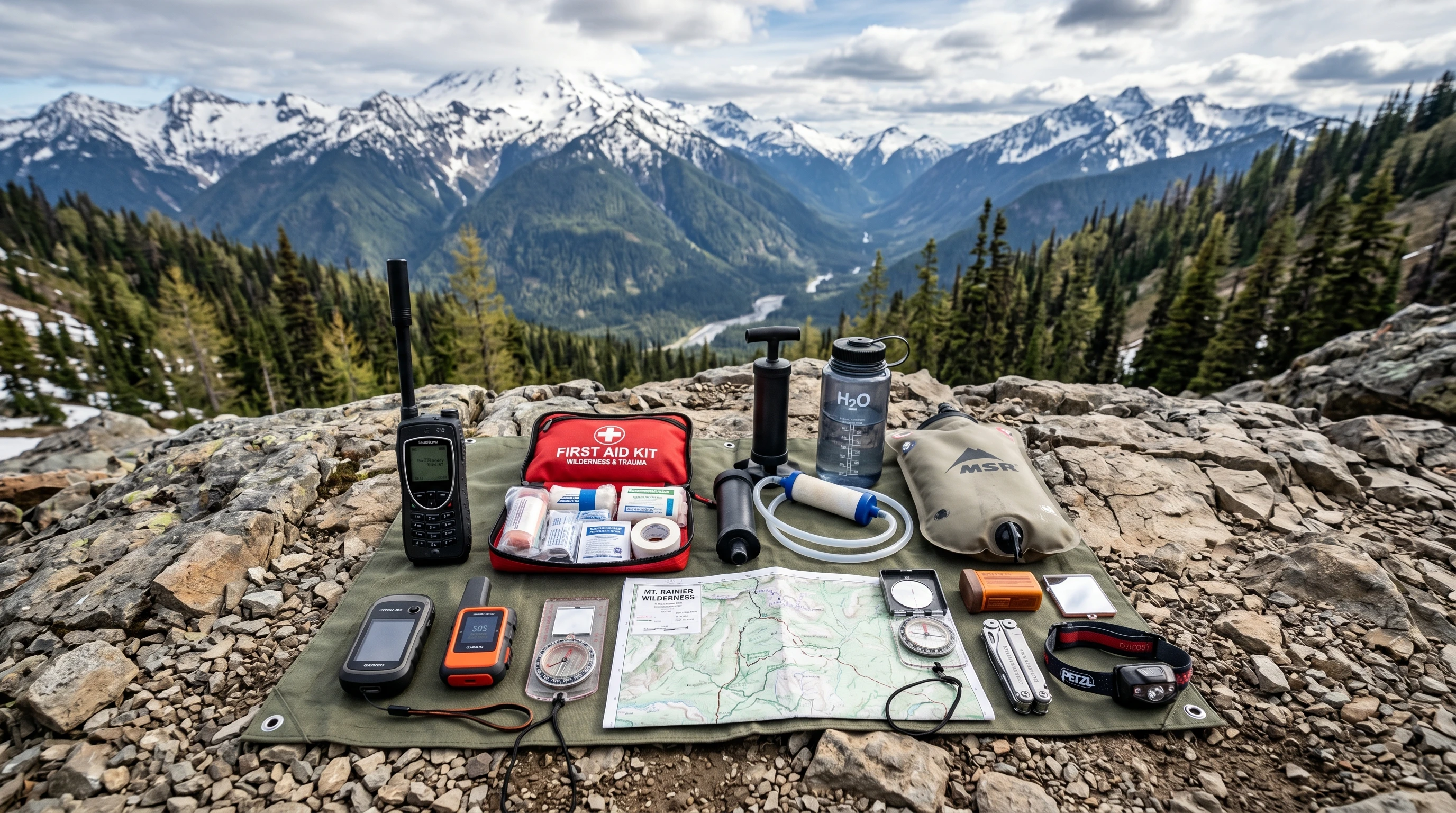 A well-organized spread of remote travel safety equipment on rocky terrain, including a satellite phone, GPS beacon, first aid kit, water filtration gear, and navigation tools, with a scenic wilderness backdrop of mountains and forest.