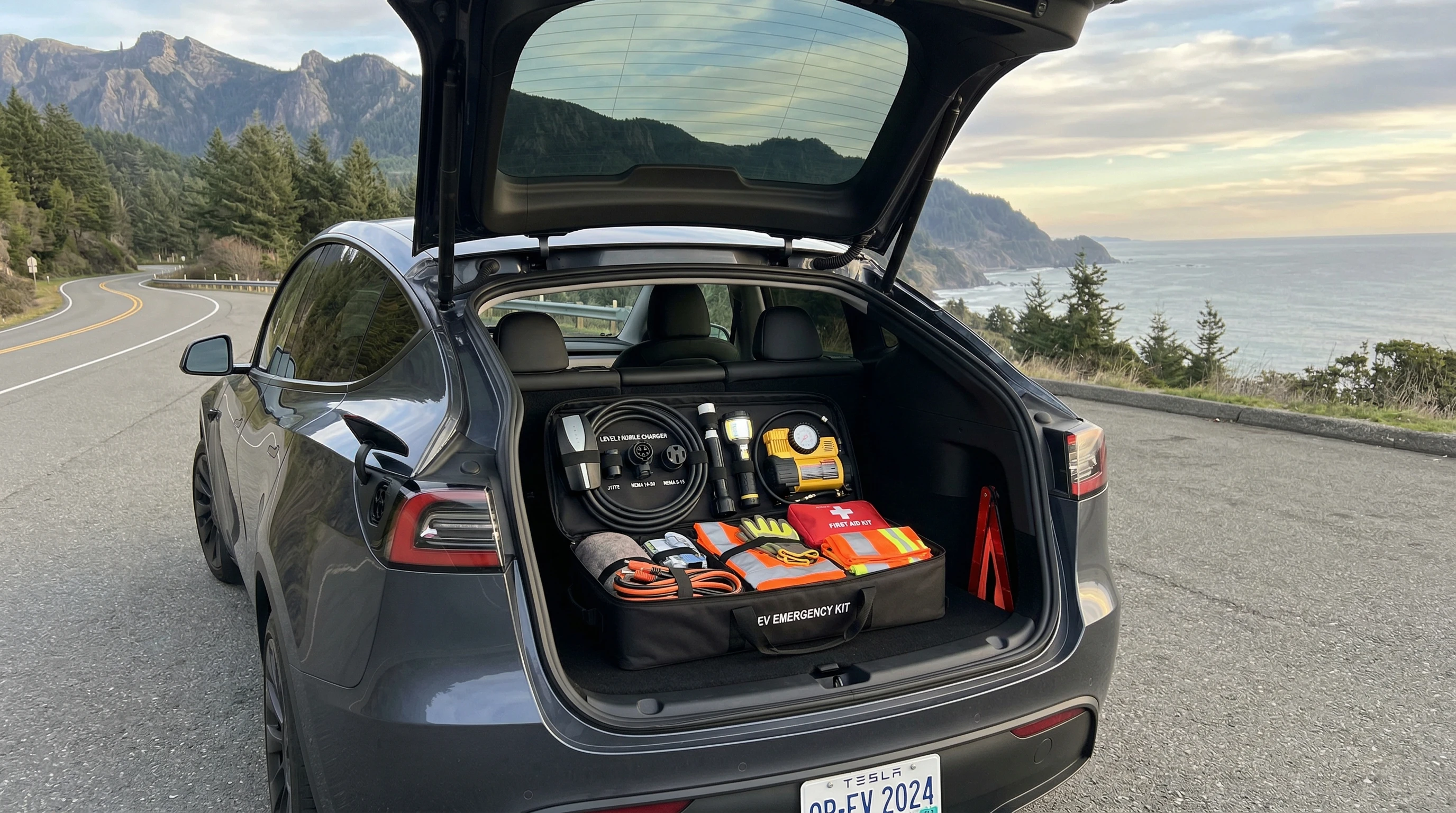 Electric vehicle emergency kit and supplies organized in a trunk