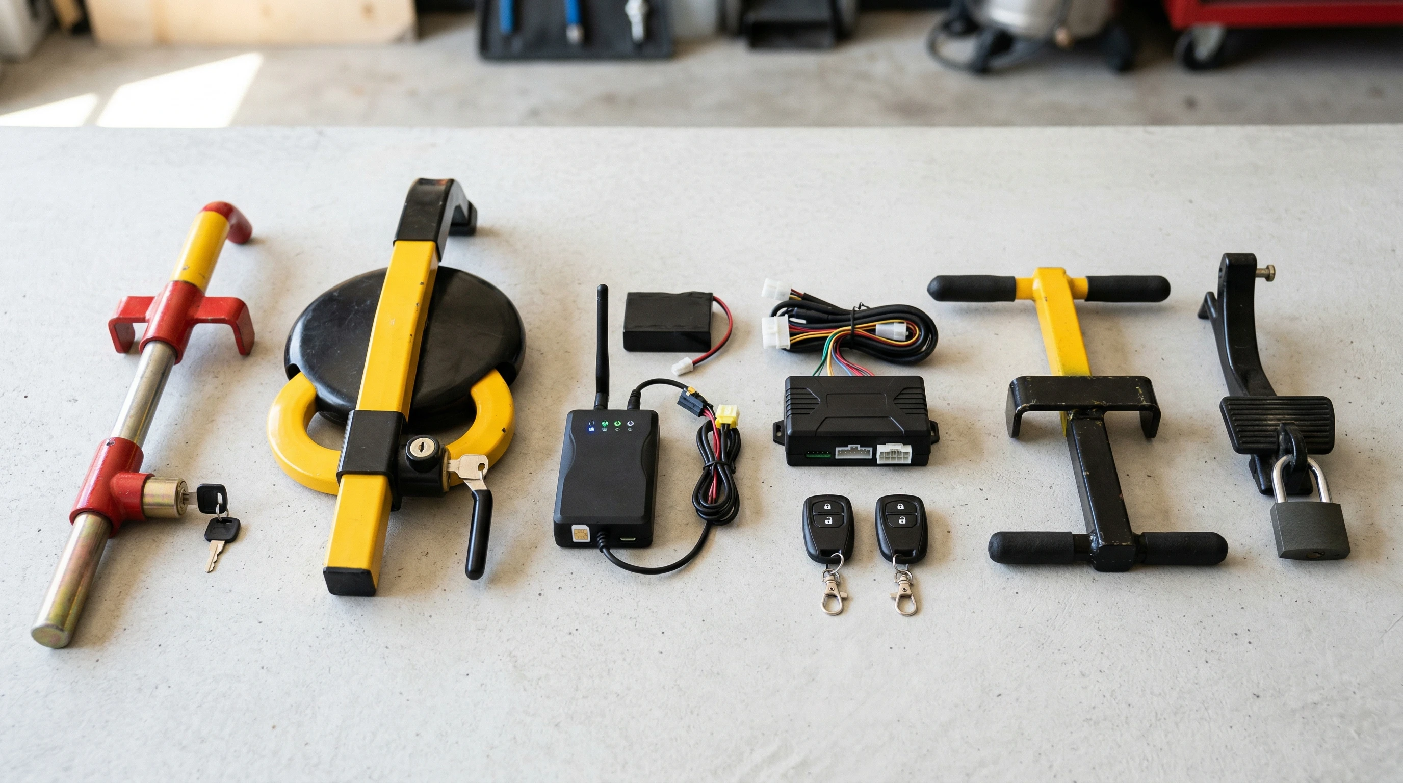 A selection of car anti-theft devices like steering wheel locks and alarms on a clean background