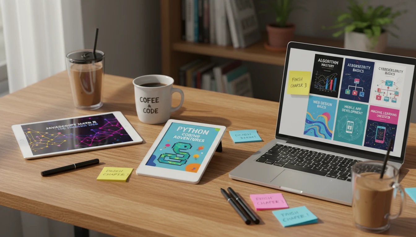 A collection of colorful e-book covers on programming, displayed with digital devices like an e-reader, tablet, and laptop, arranged on a wooden desk with sticky notes, pens, and coffee cups.