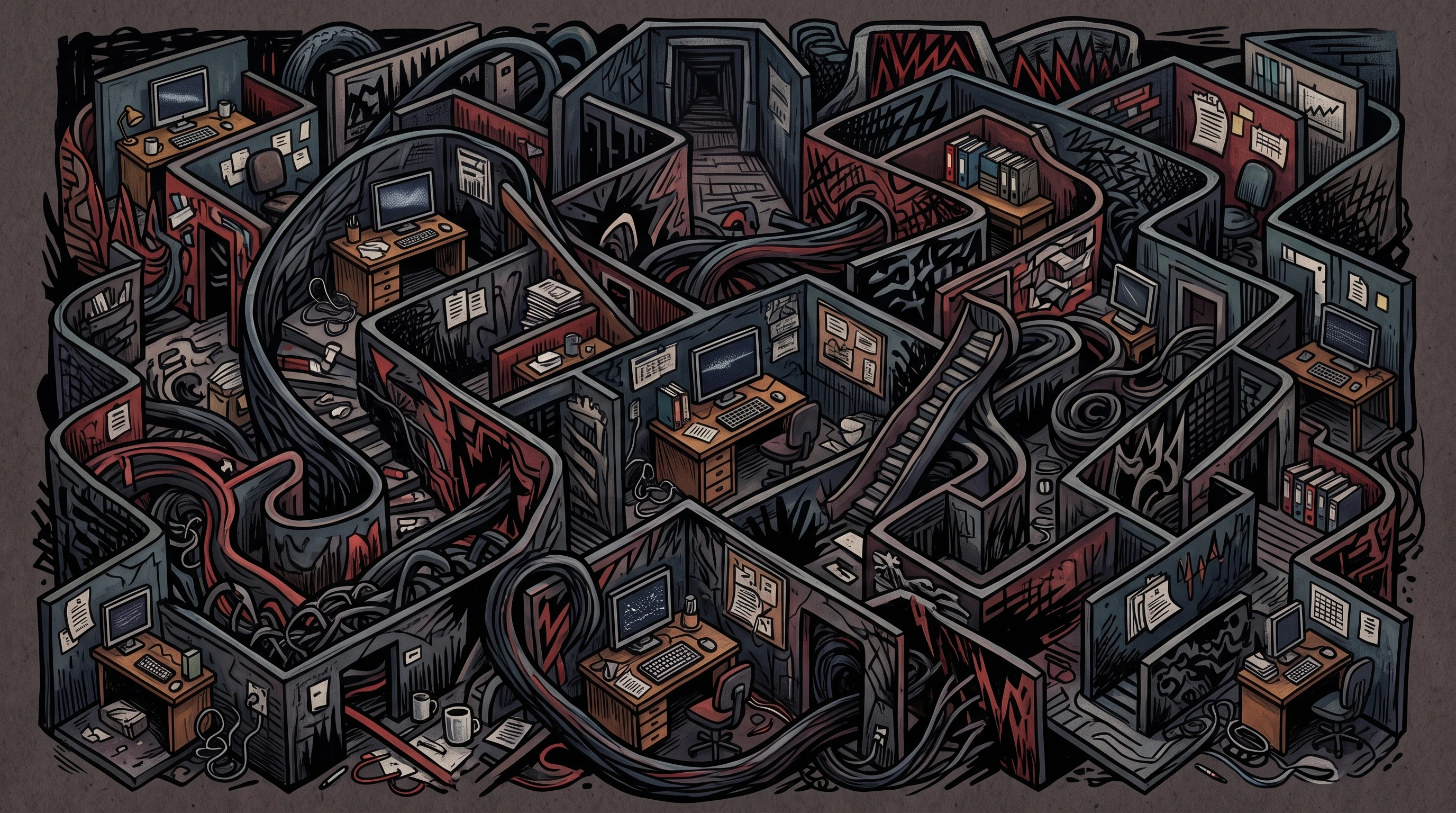 Abstract illustration of a tangled maze representing workplace stress