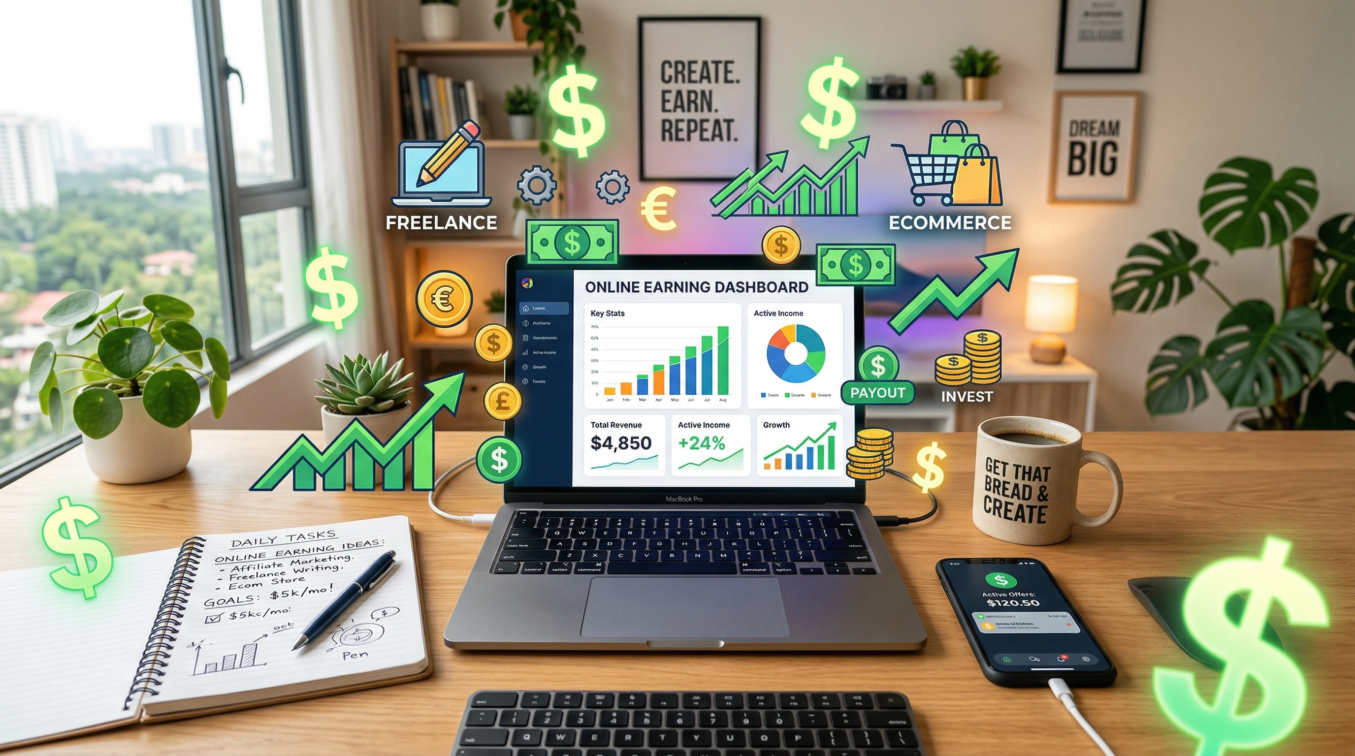A digital workspace with a laptop, notepad, smartphone, and various online earning icons like dollar signs and charts. Bright and motivating scene suitable for online work inspiration.