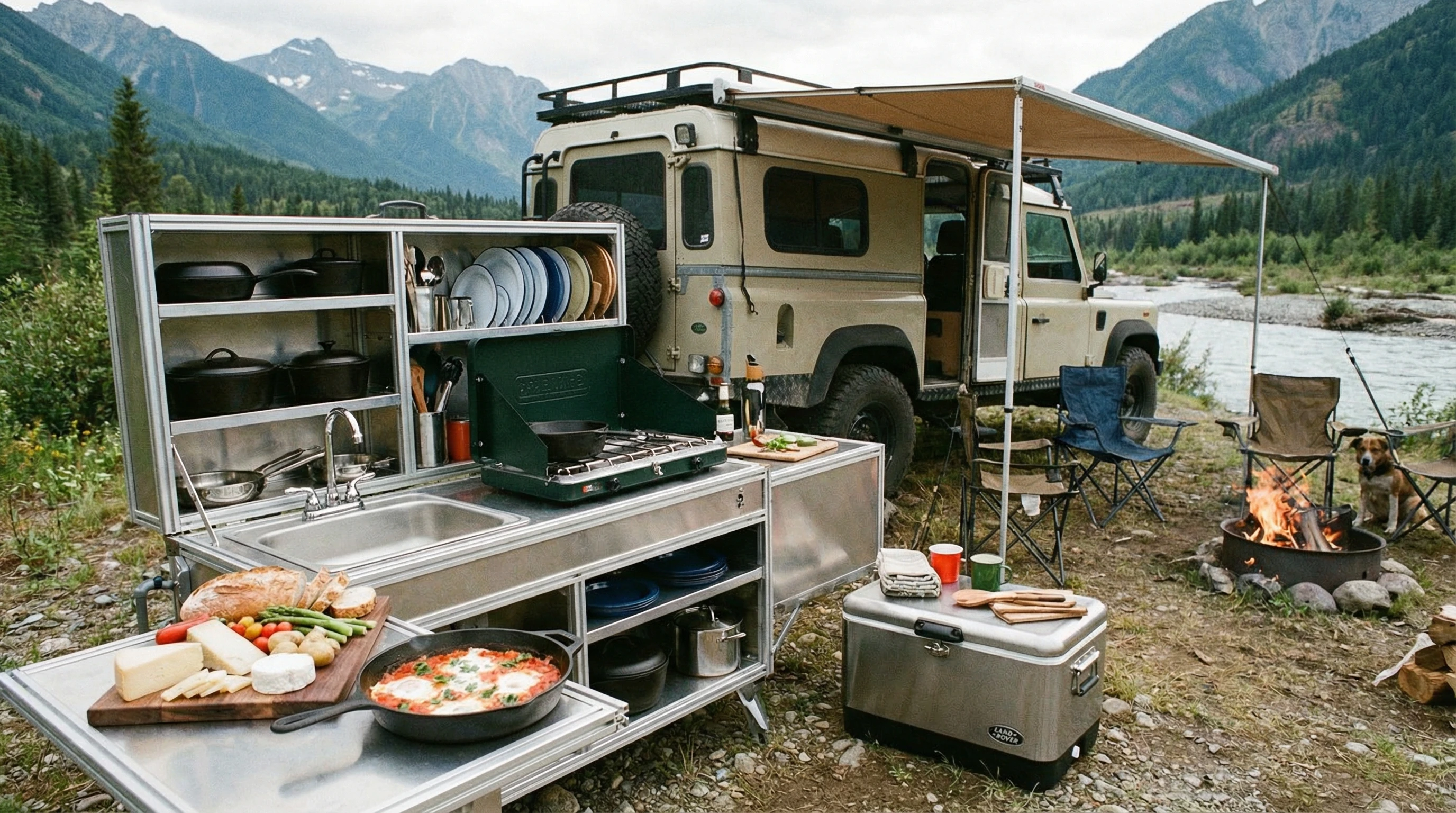 Portable camp kitchen setup next to an RV, with cookware organized and food on display in the wild.
