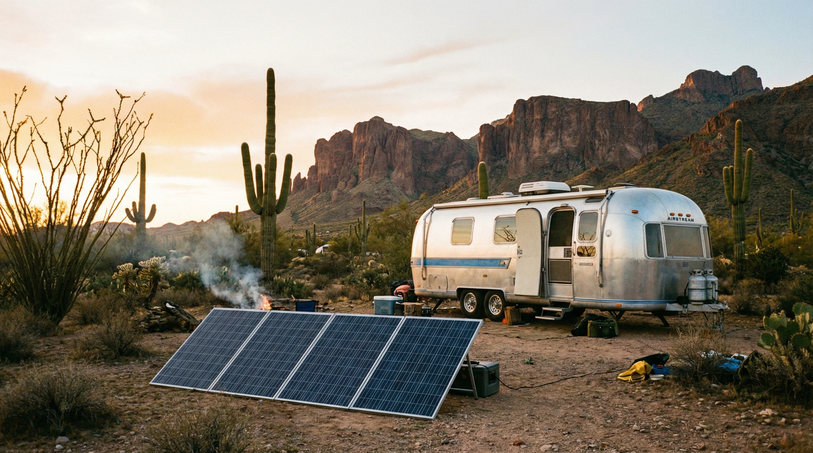 Solar panels set up on the ground next to an RV, surrounded by wild desert landscape.