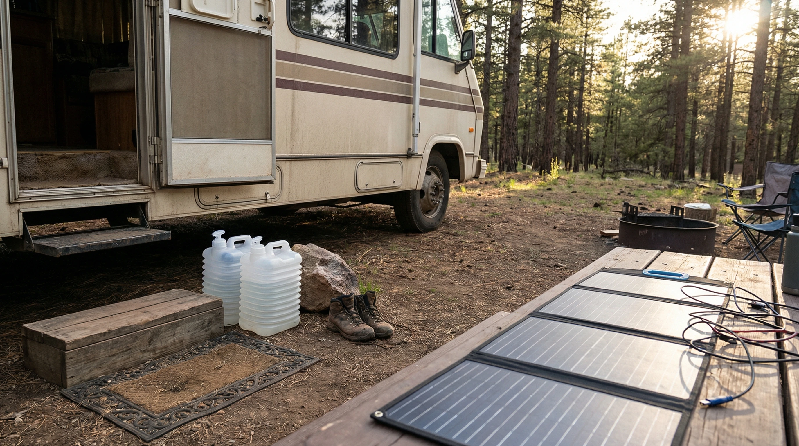 RV with camp chairs and a sunset view in a peaceful boondocking spot