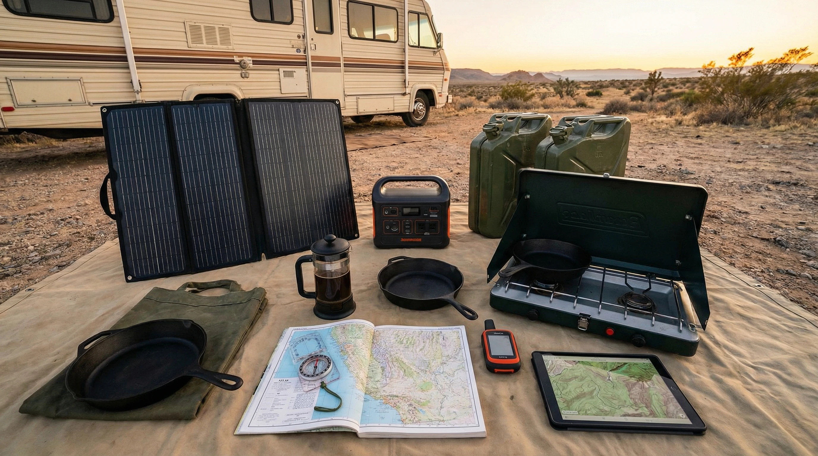 Organized gear laid out for RV boondocking, with solar kit, water jugs, cooking supplies, and navigation tools.
