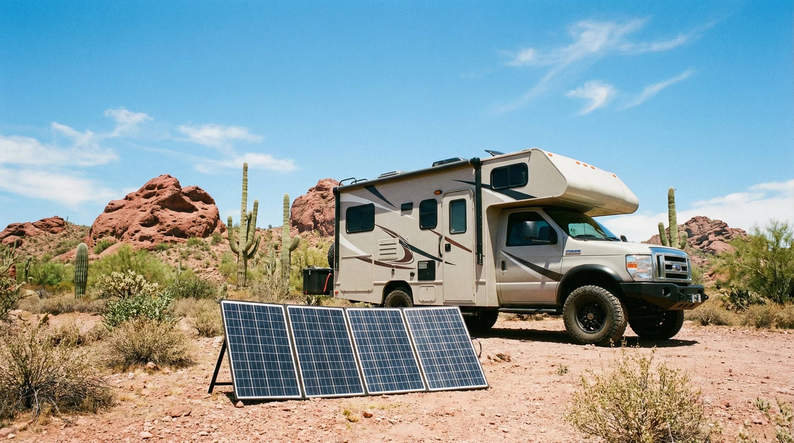 RV rooftop with solar panels parked by a mountain lake at sunset