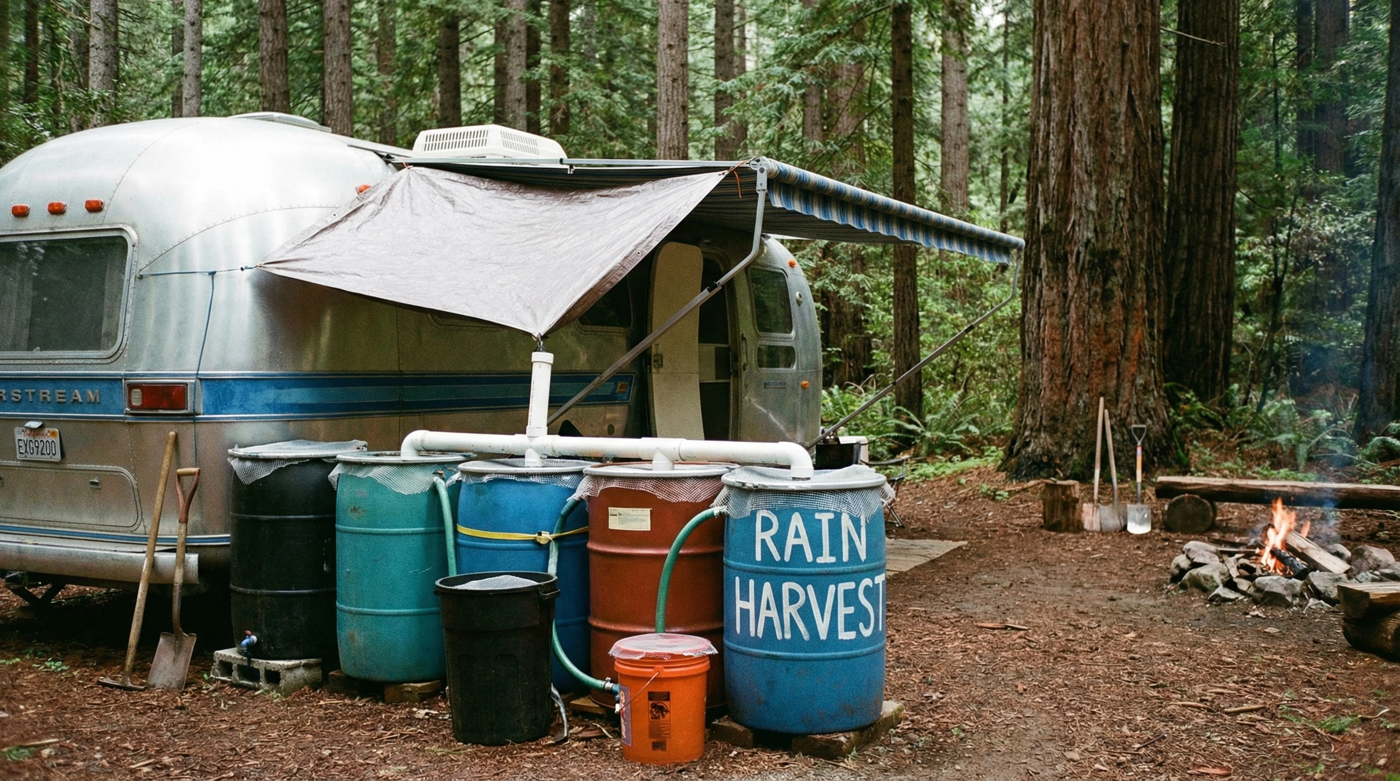 DIY rainwater collection barrels next to an RV under pine trees