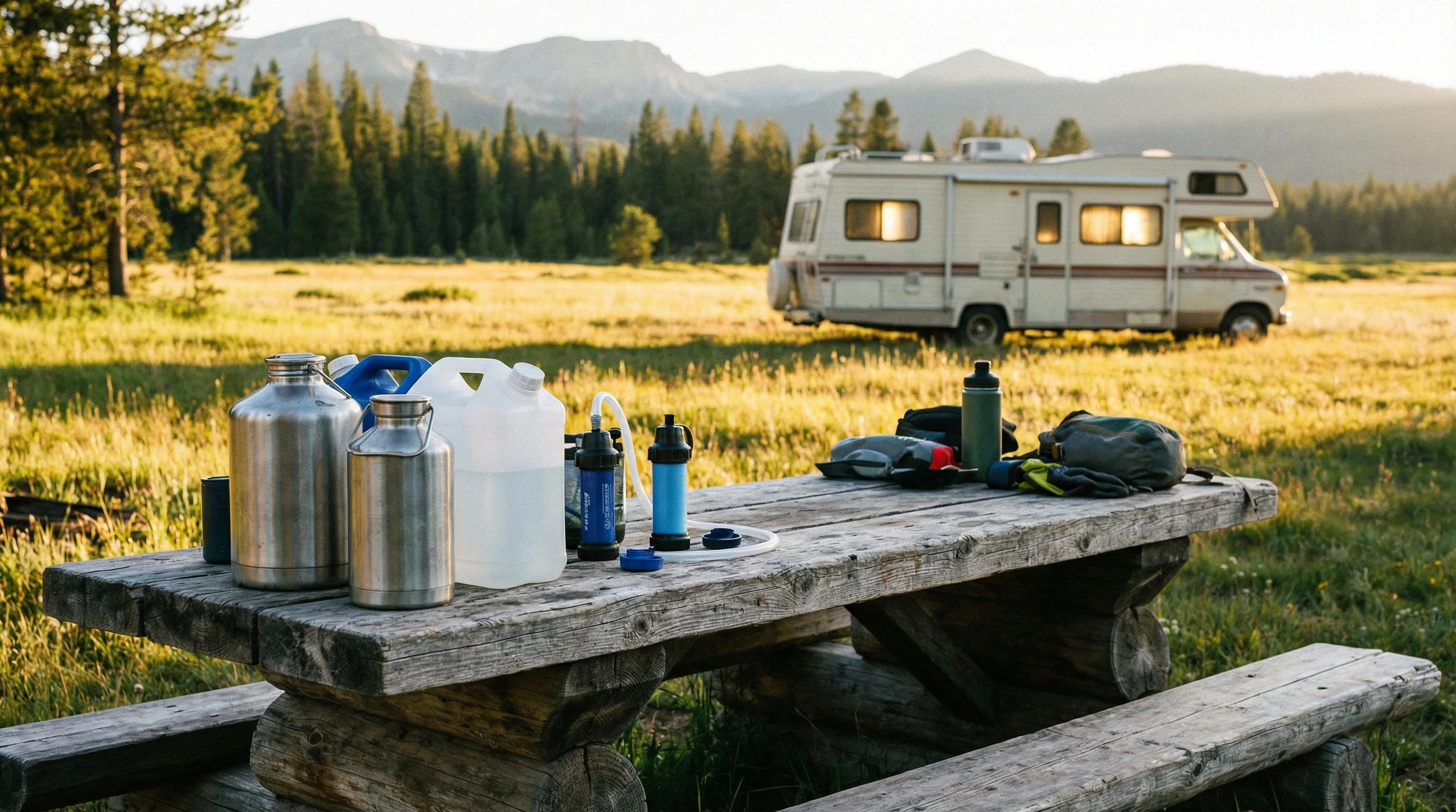 Rural RV boondocking spot with water jugs and filtration gear on a picnic table
