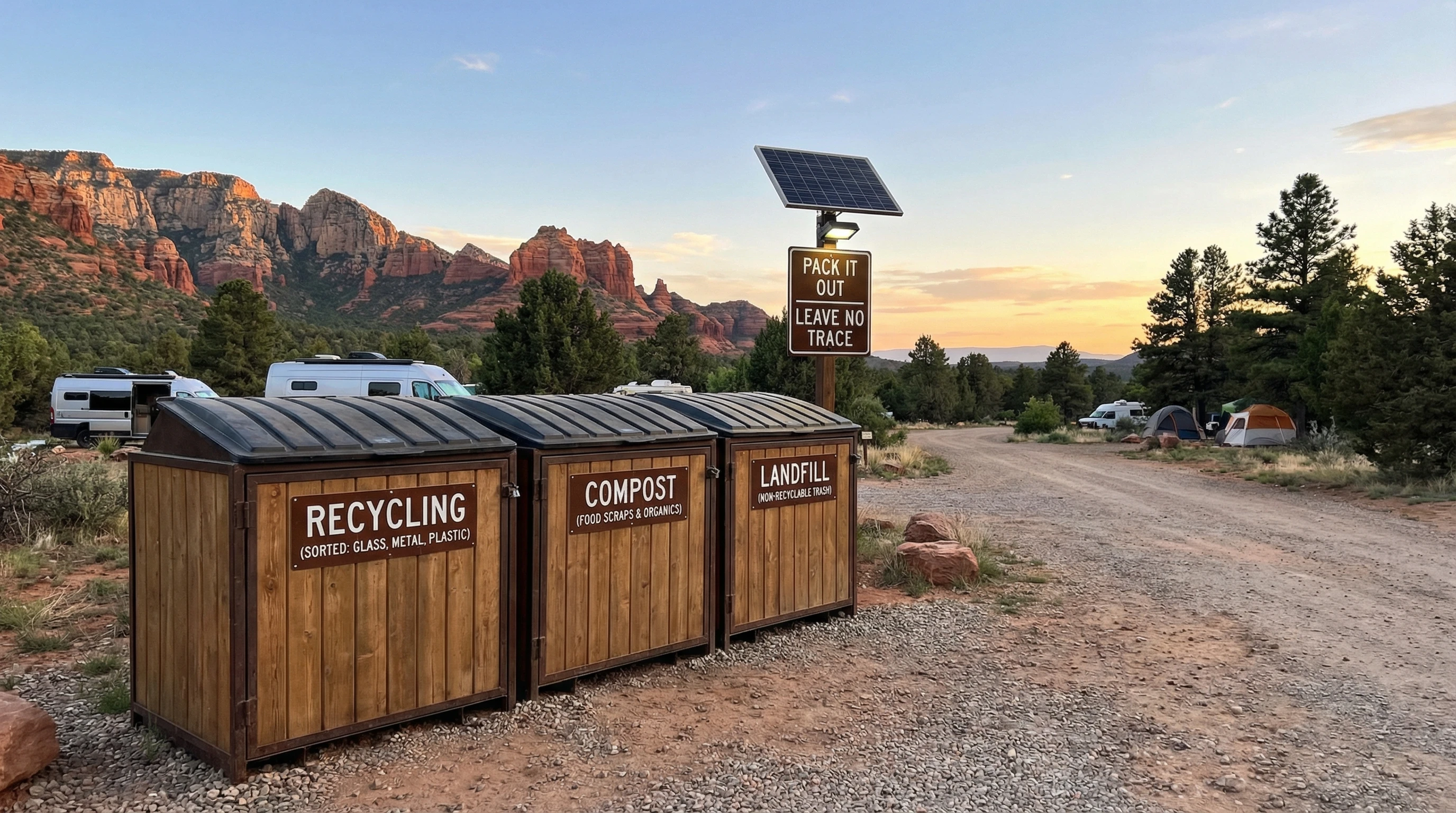 An outdoor trash station with sorted recycling, compost, and landfill bins in a scenic boondocking spot