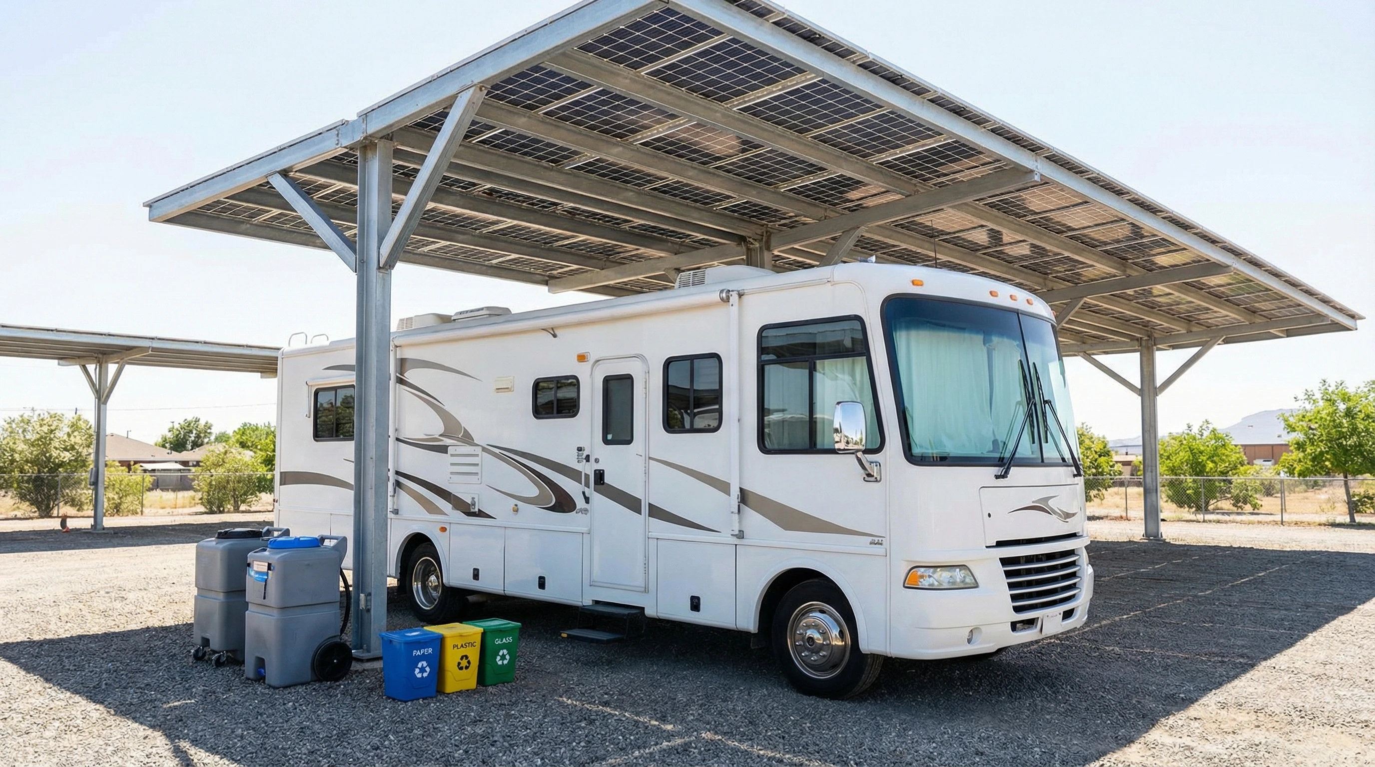 Clean RV under solar panels with portable waste tanks and compact recycling bins