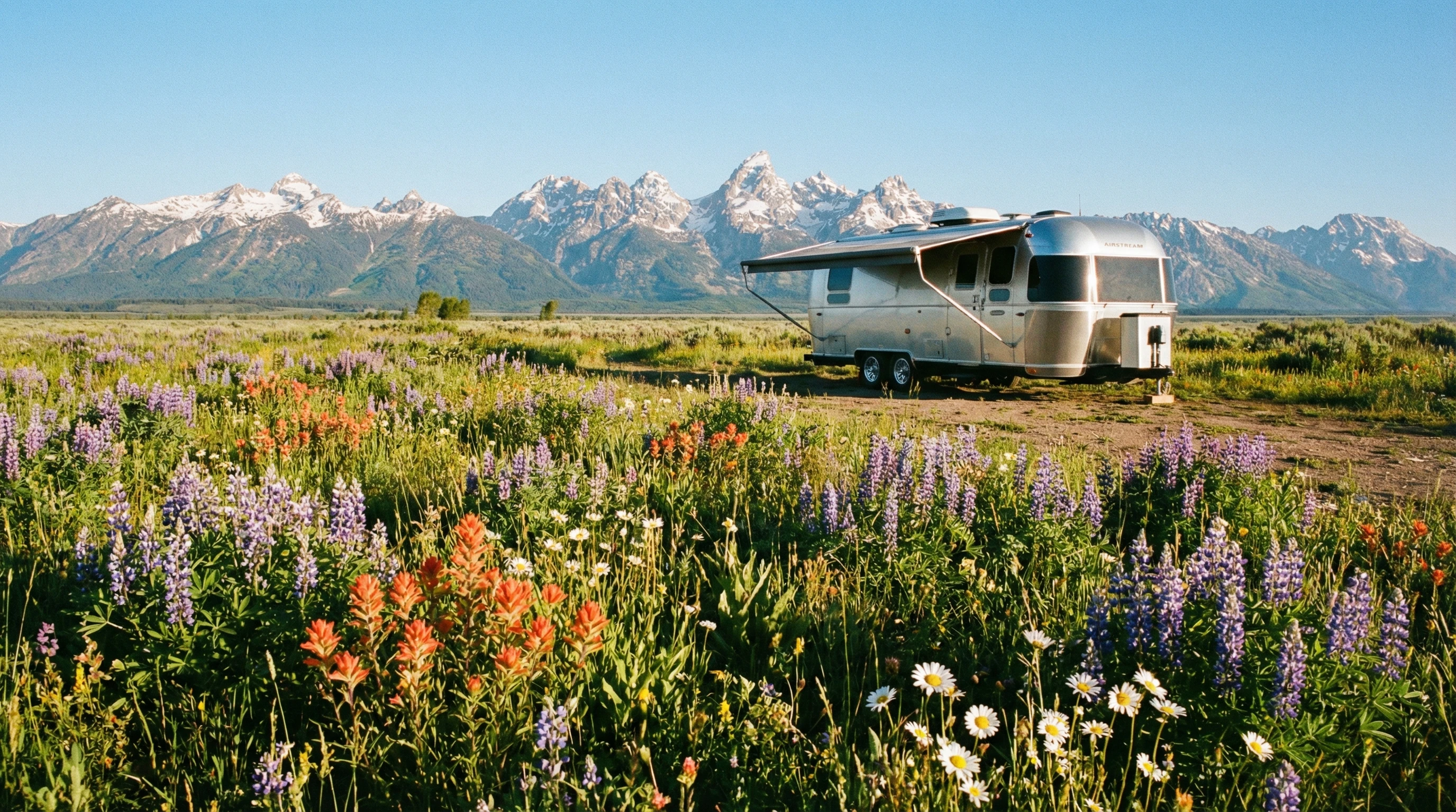 Sunset view from an RV window looking out over a forest valley