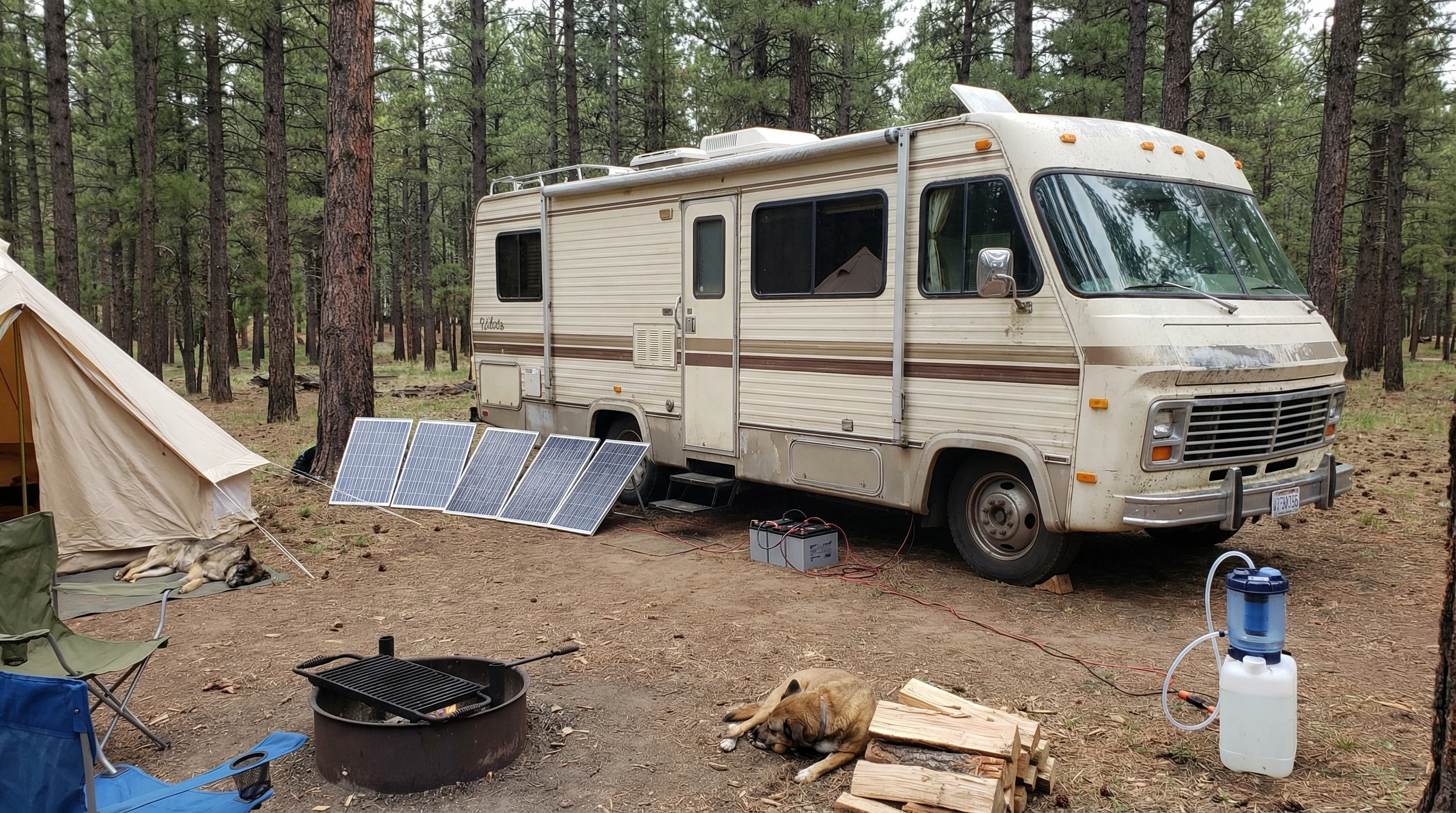 Remote forest campsite with a solar-powered RV under the trees