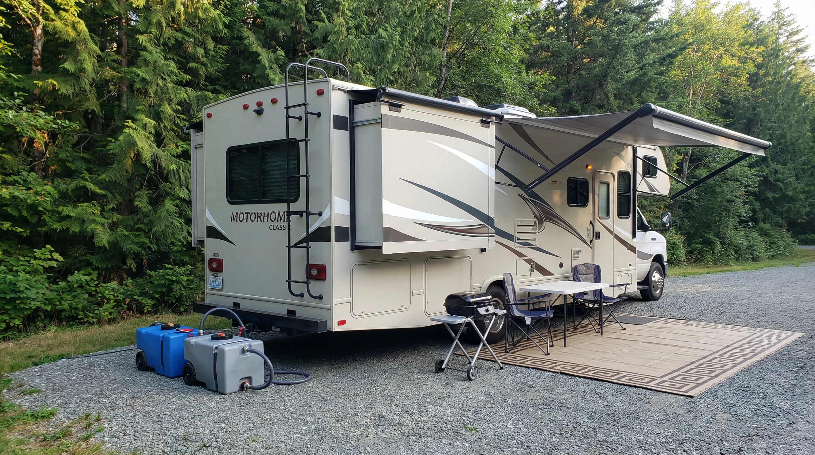 RV parked beside a forest with portable waste tanks and a clean outdoor setup
