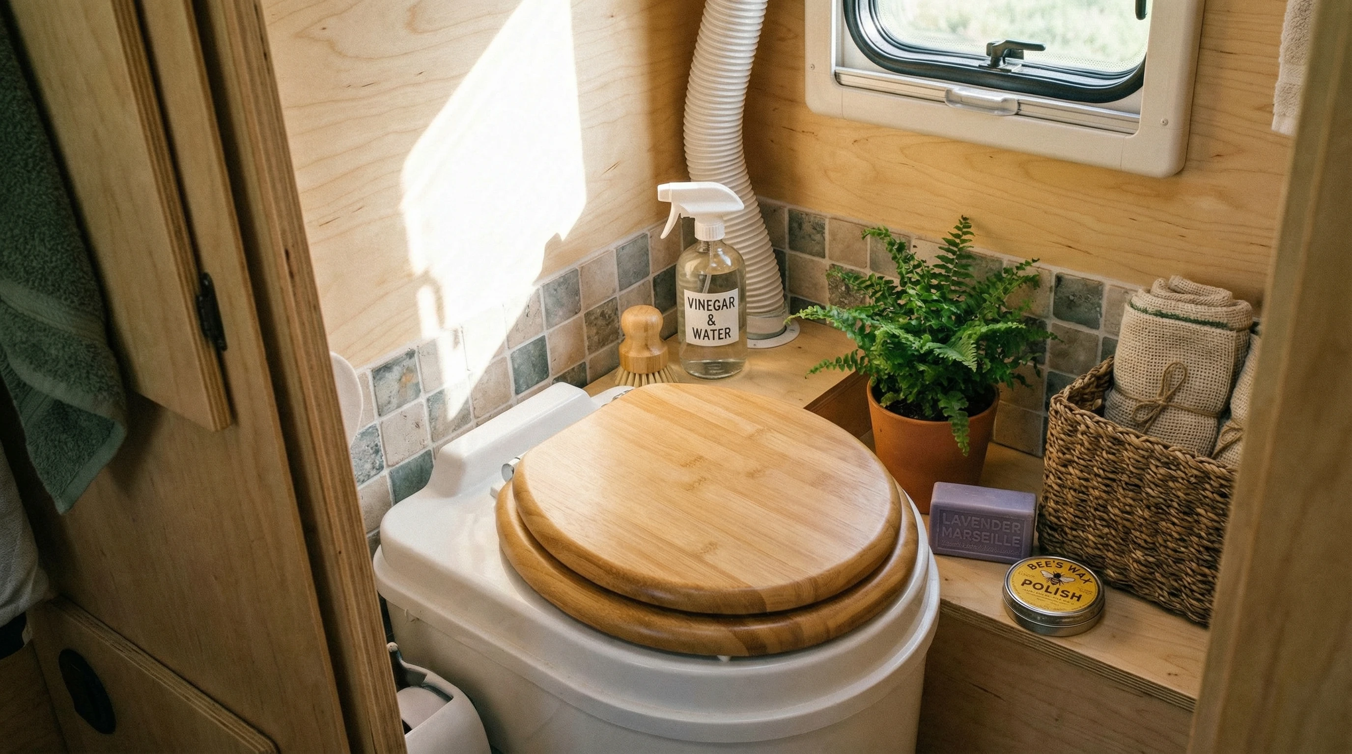 Close-up of a composting toilet and eco-friendly cleaning supplies in an RV bathroom