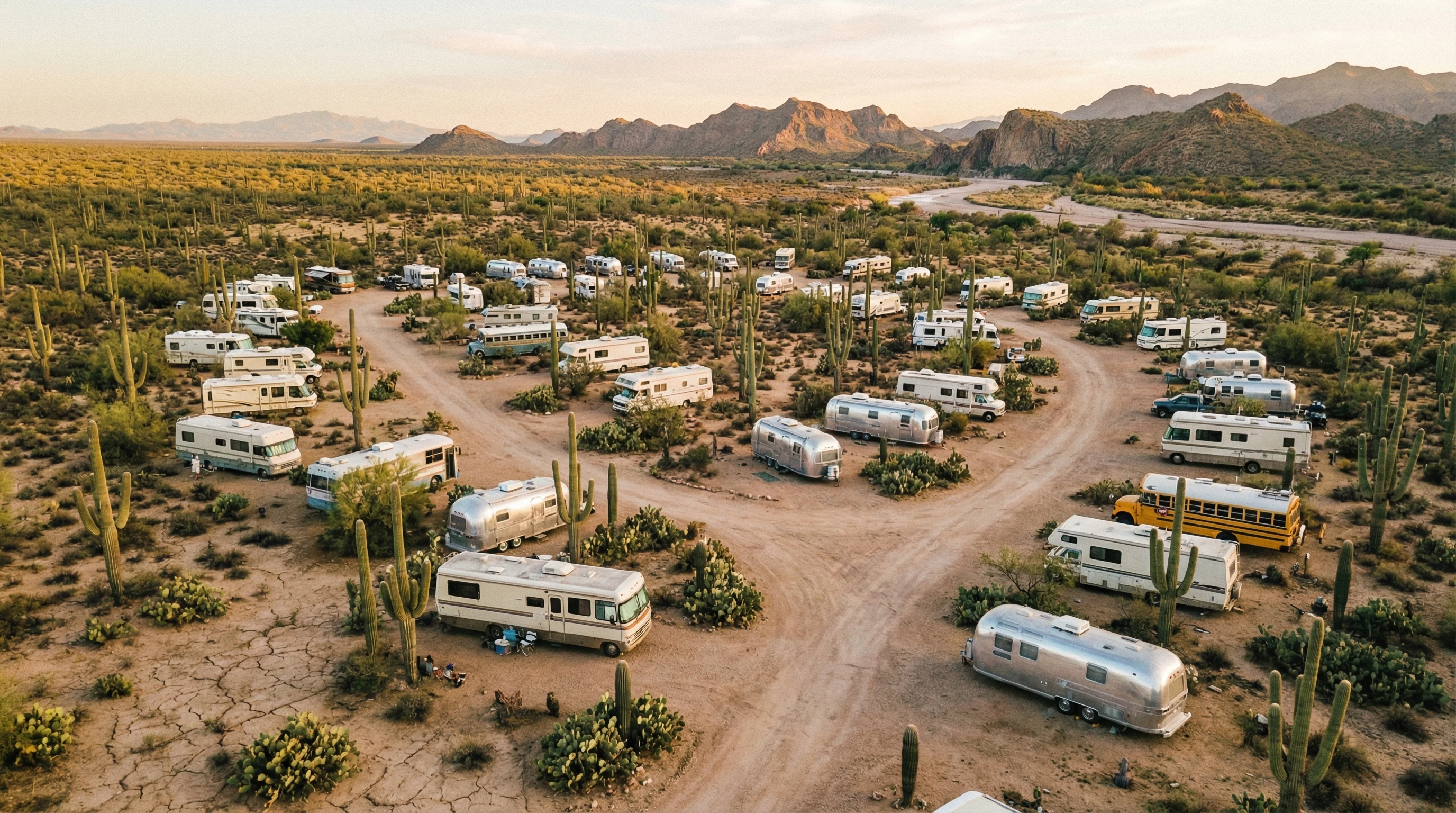 Aerial view of RVs spread out over a wide desert landscape