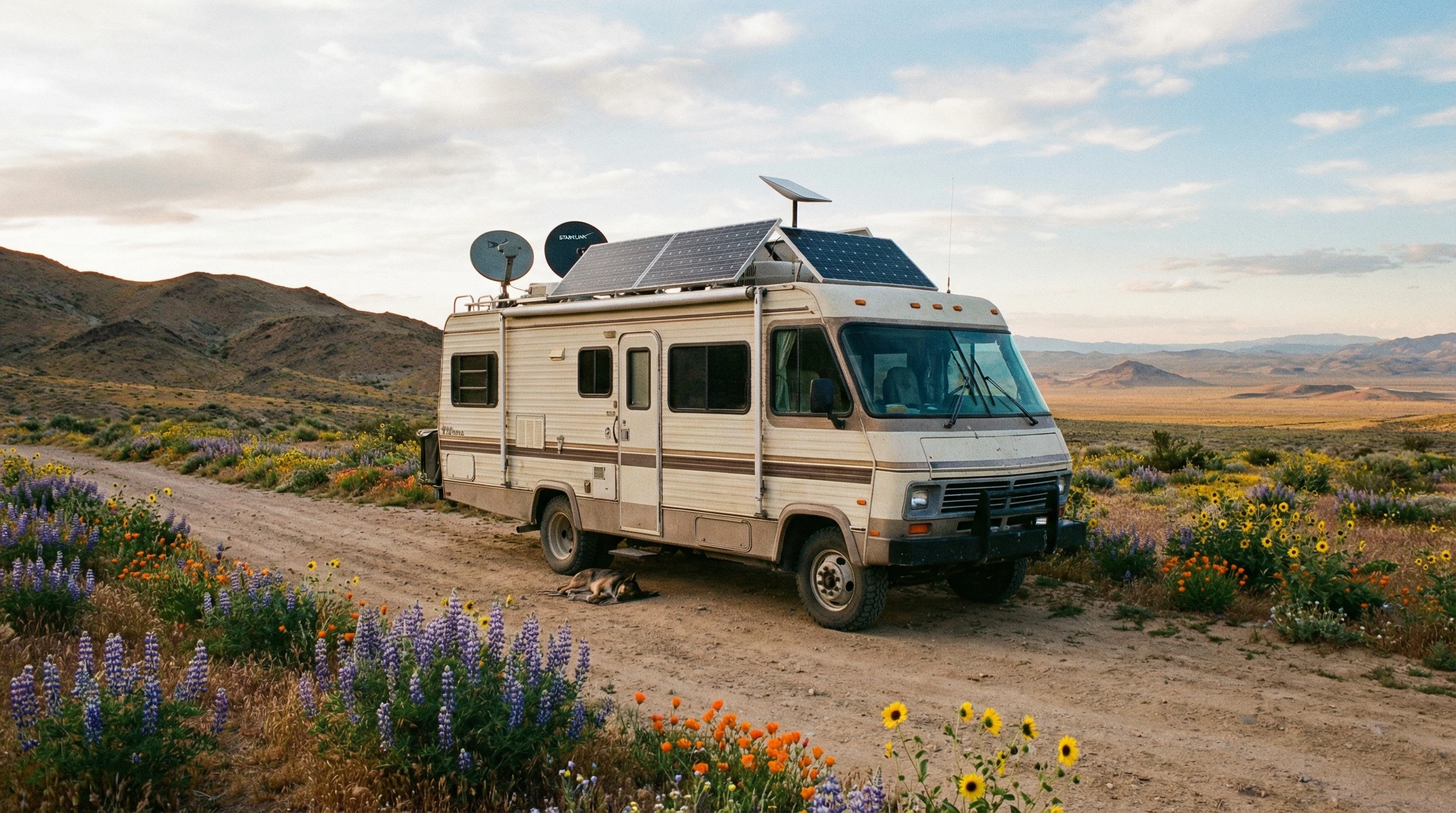Campfire at night beside an RV under a clear starlit sky