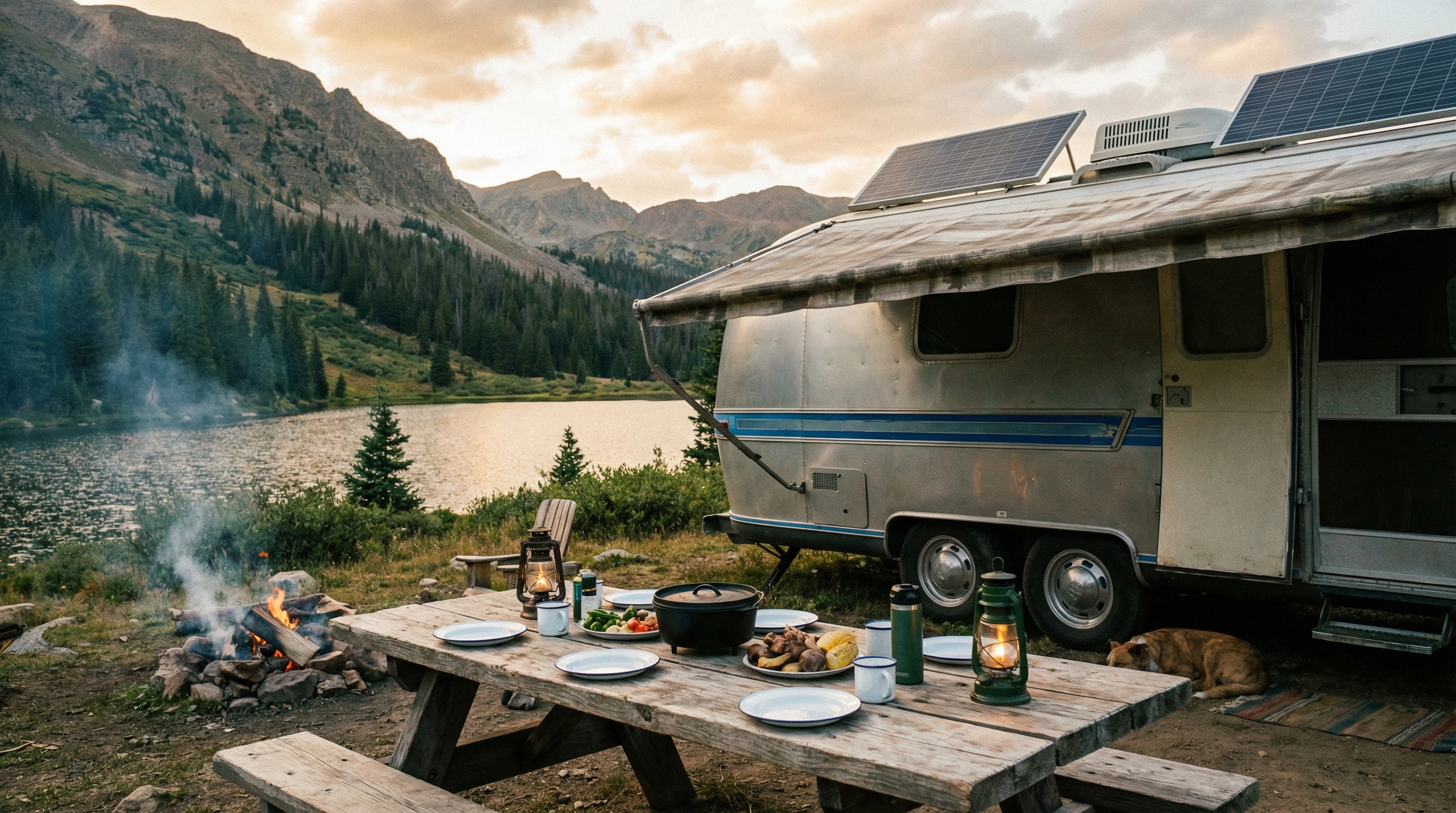 rv parked by a remote lake with picnic table set for an off-grid meal