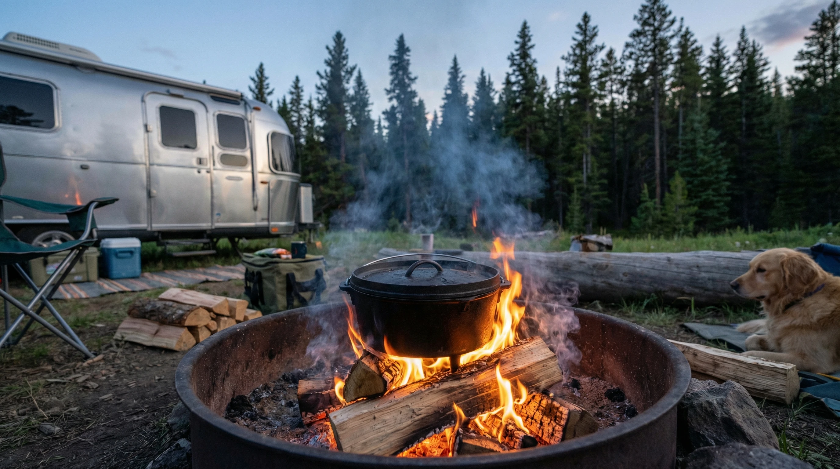 dutch oven on open campfire with rv and forest in the background