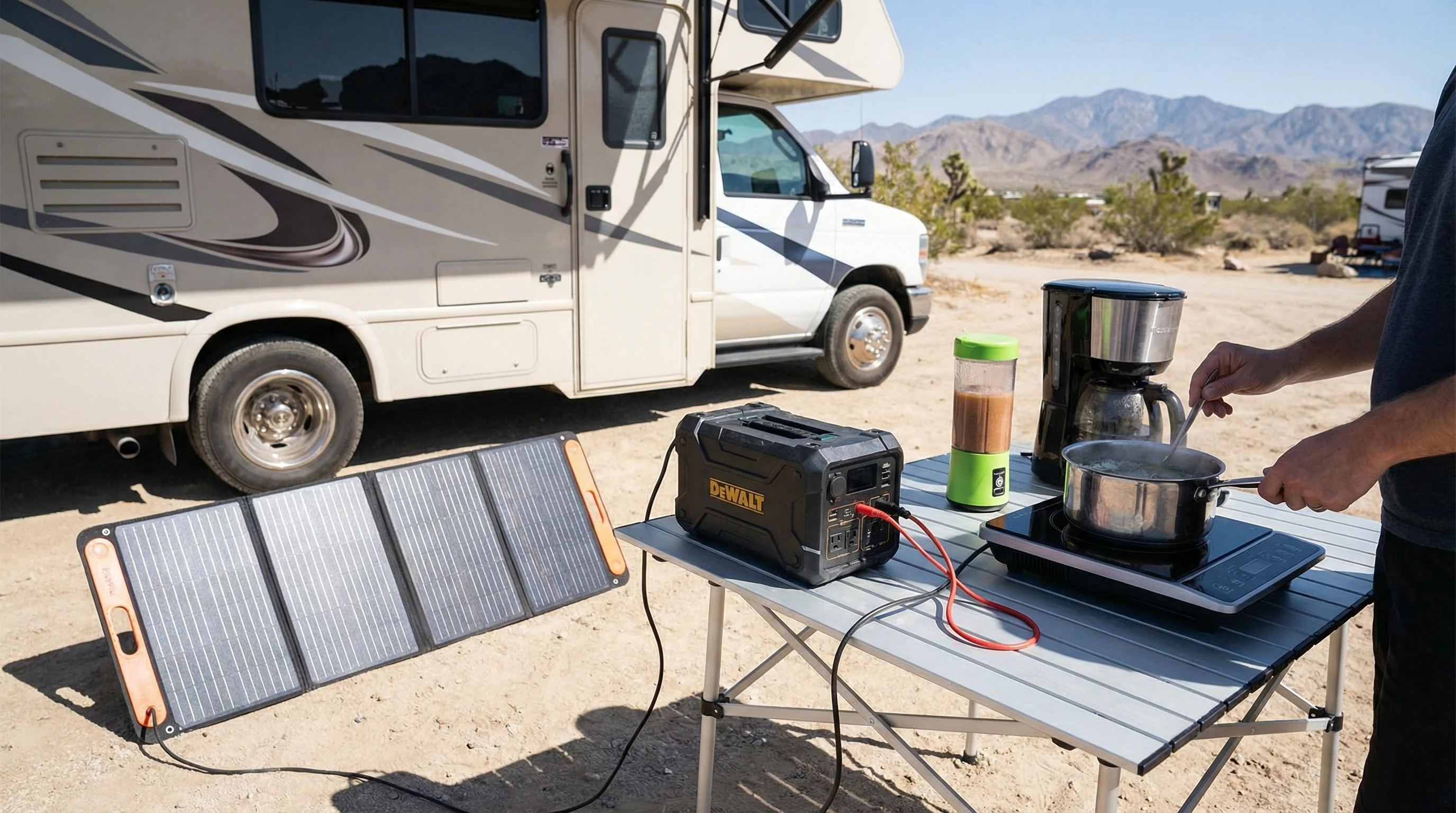 portable solar panel and small battery bank powering kitchen appliances outside rv