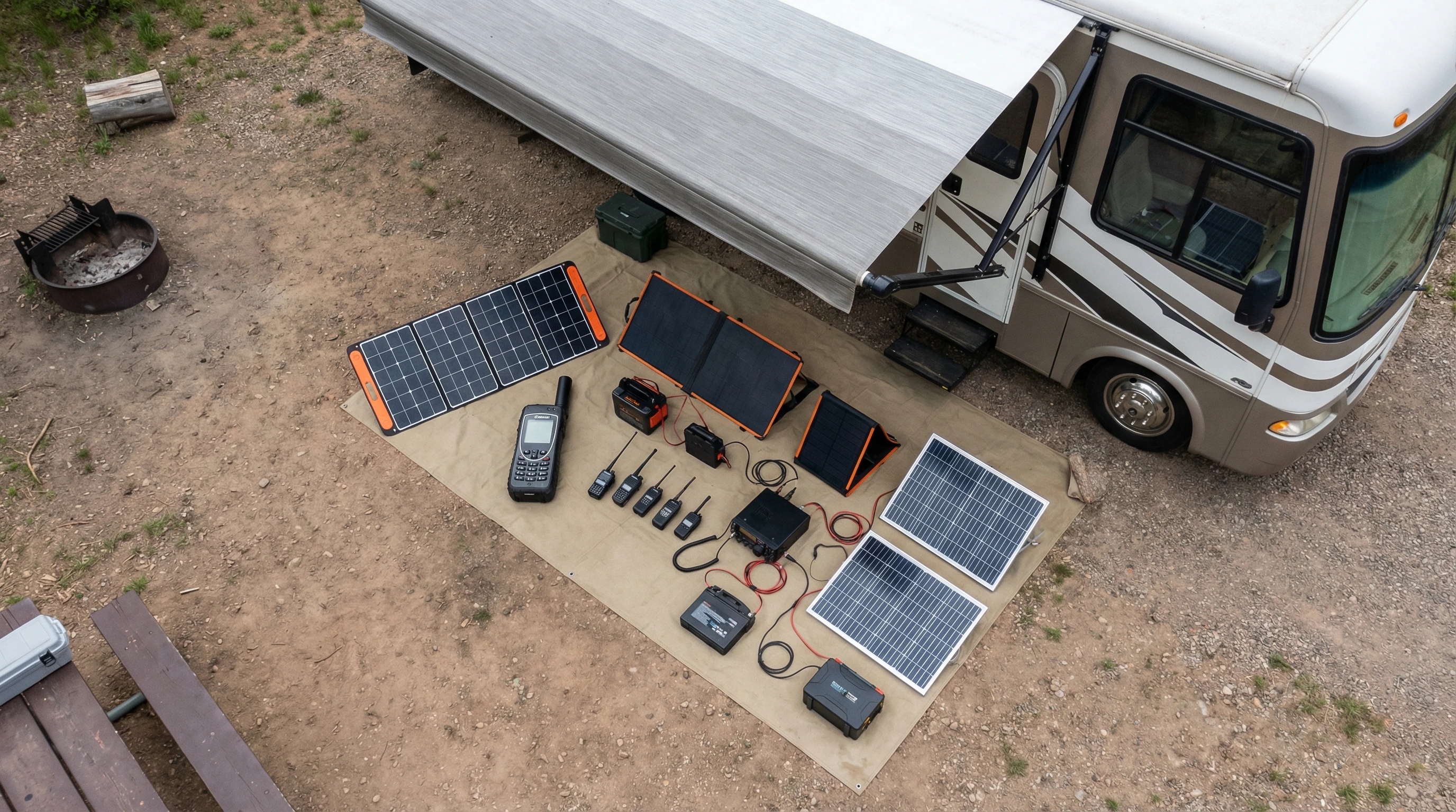 Wide view of a remote RV campsite at sunset with communication gear and solar panels, mountains in background