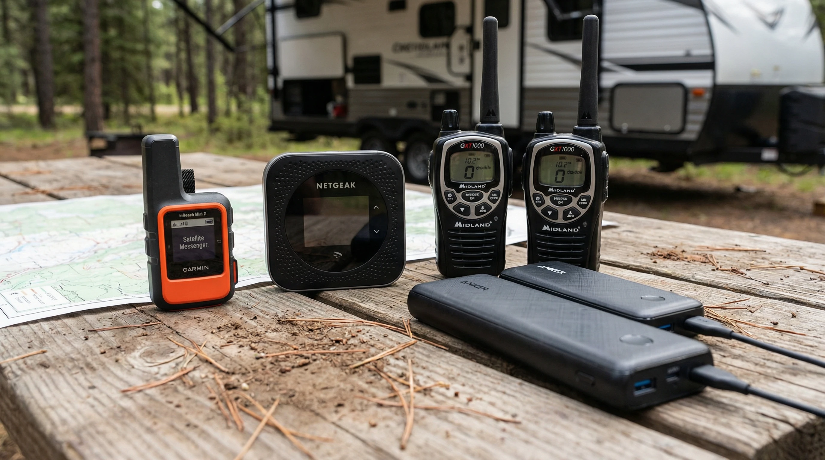 Mounted antennas and solar panels on the roof of an RV in a forest clearing