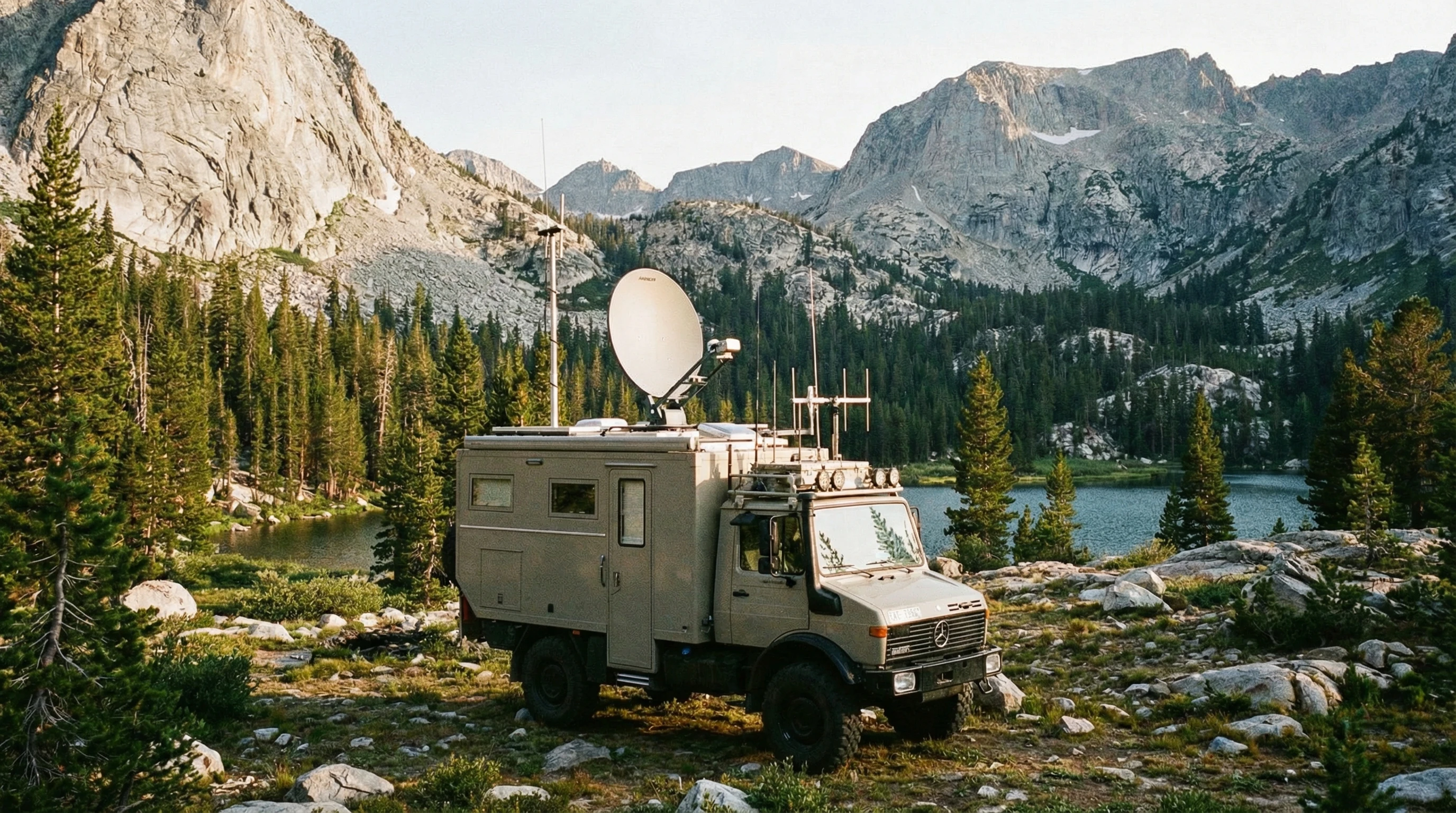 Off-grid RV parked in a remote wilderness area, surrounded by trees and mountains, with satellite dish deployed for connectivity