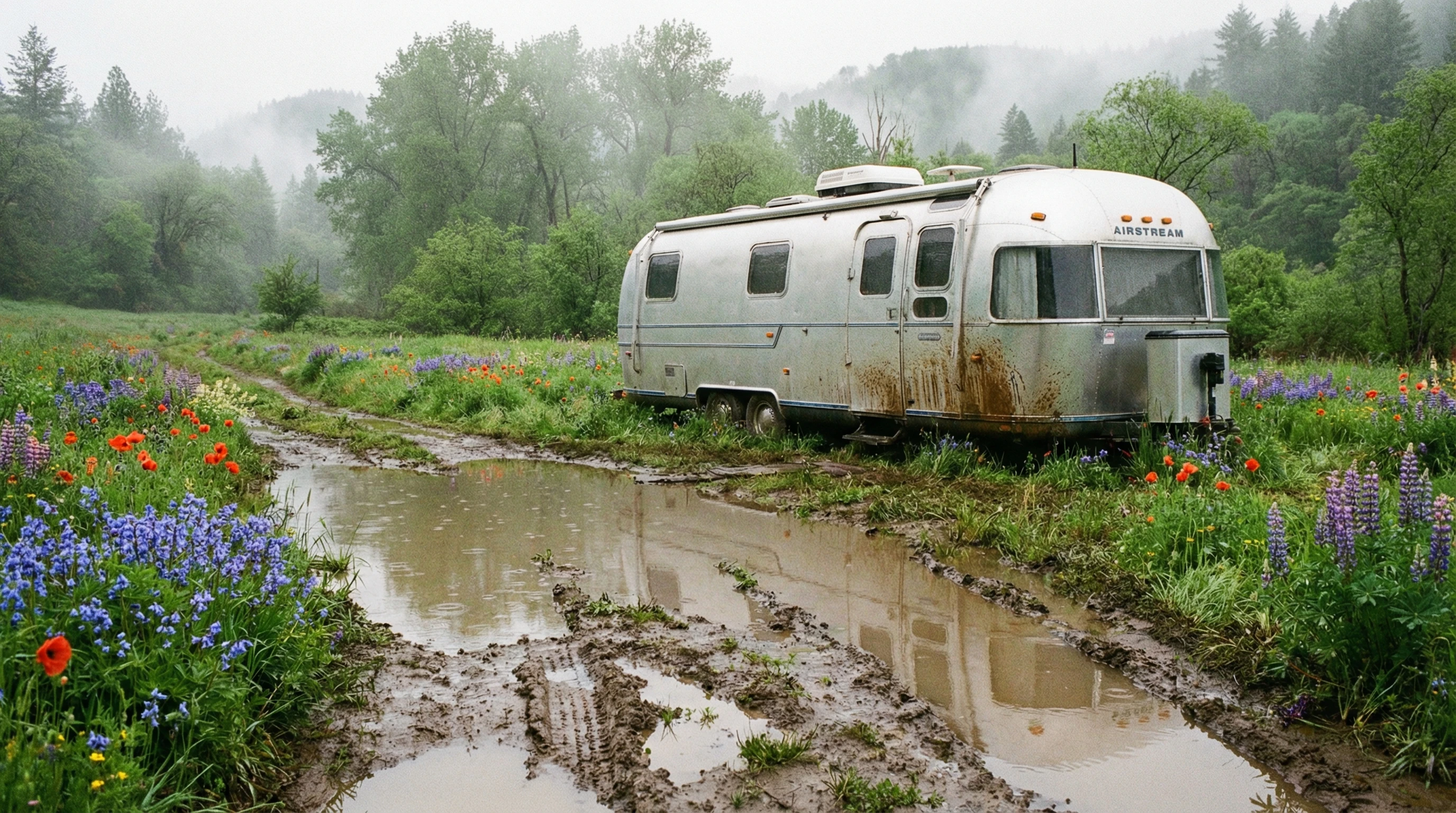 Summer RV boondocking in a shaded forest with open windows for ventilation