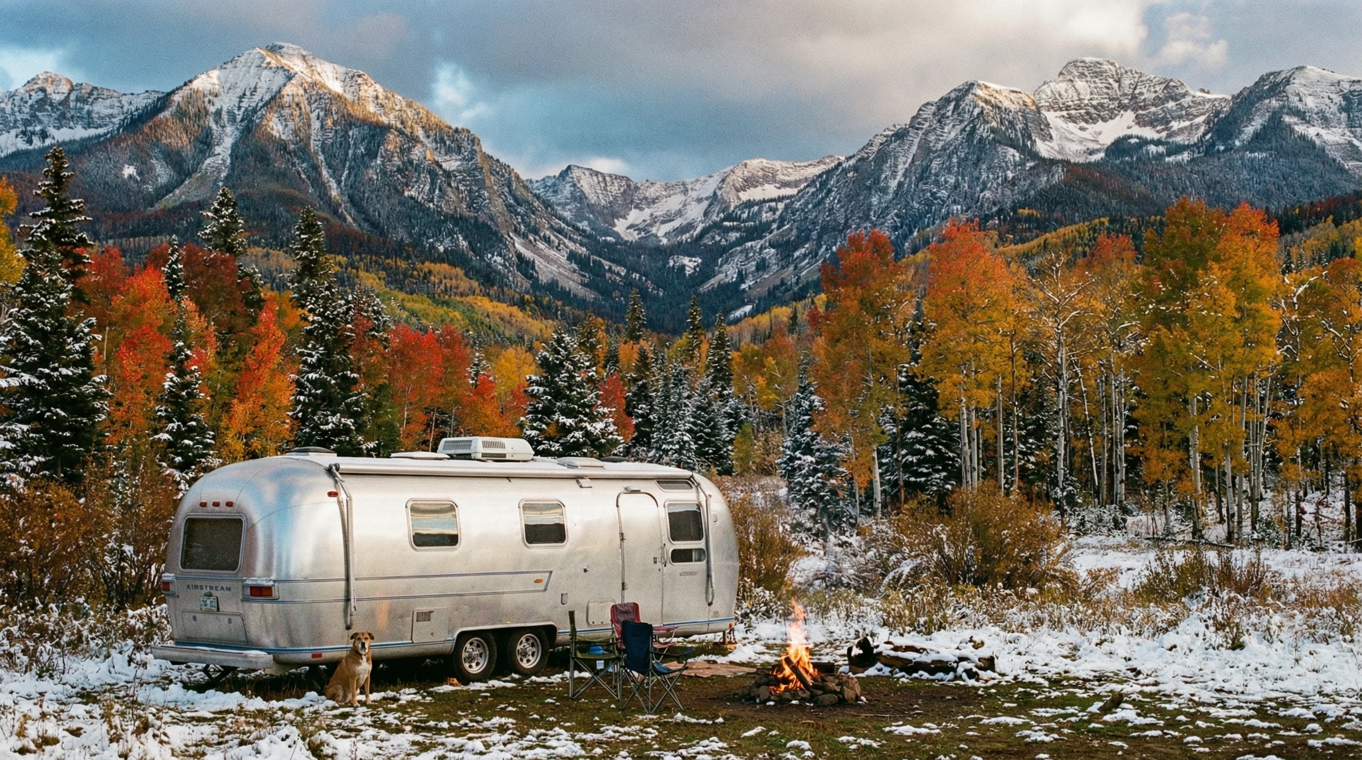 RV boondocking in a scenic wilderness area surrounded by changing seasons
