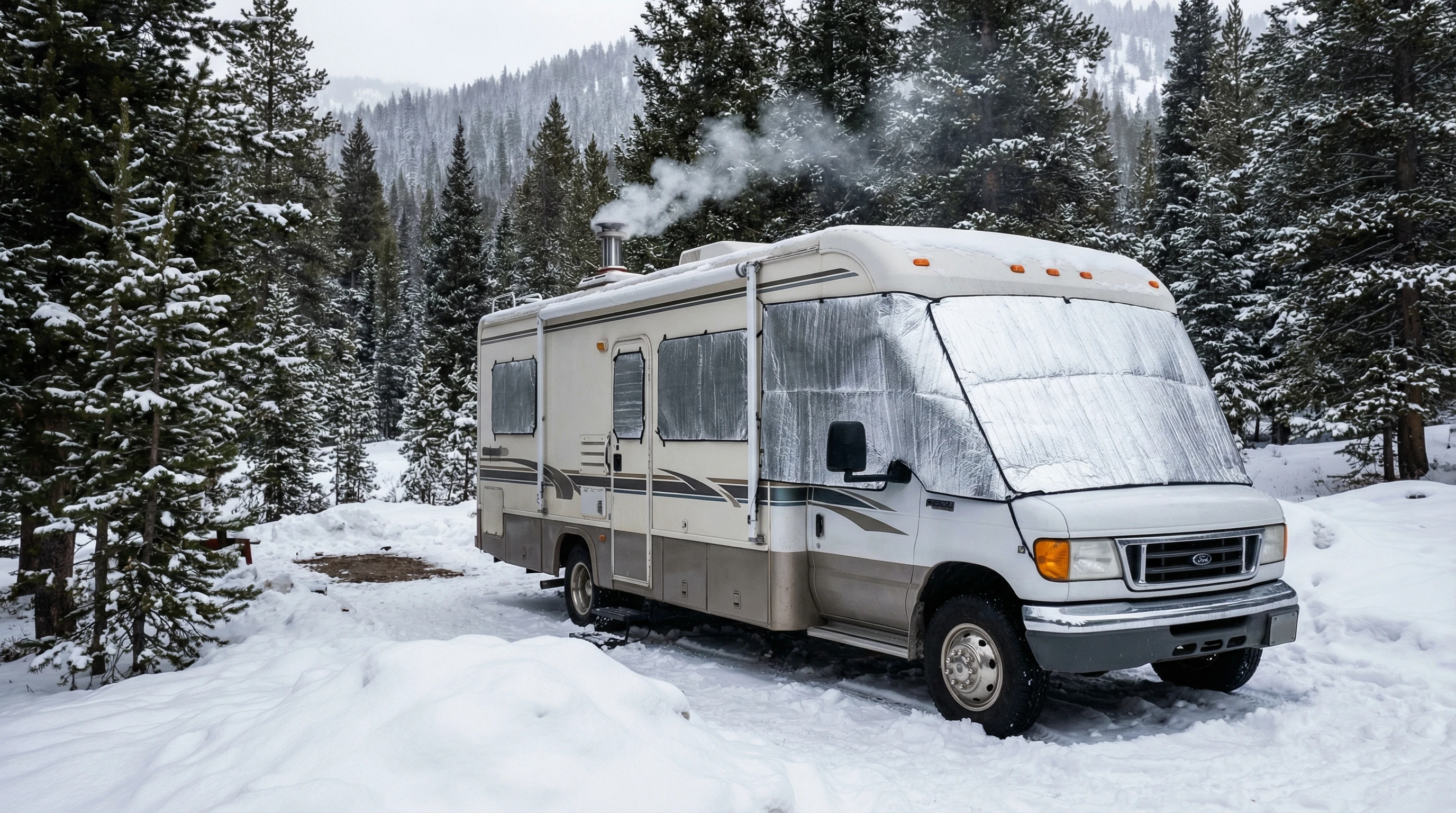 Winter RV scene with snow-covered trees and an insulated RV