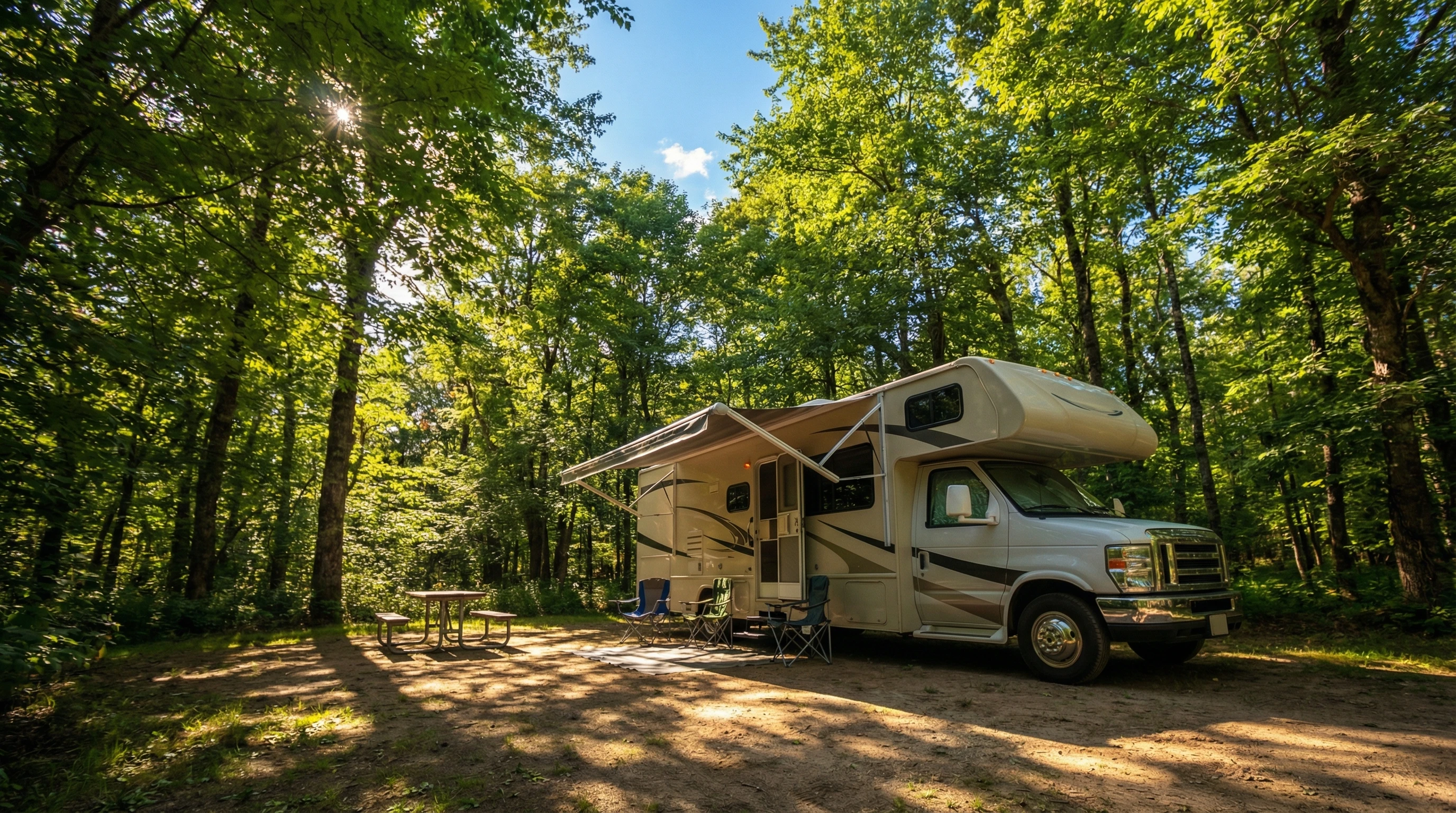 RV parked in a colorful autumn forest, leaves scattered on the ground