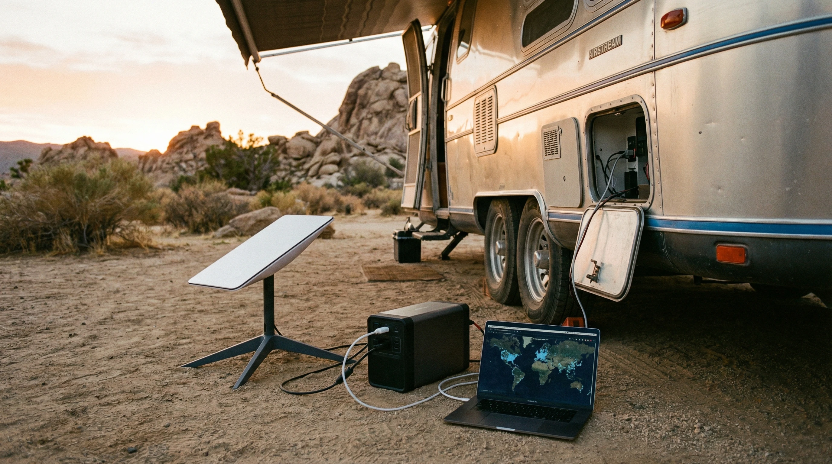 Starlink Dish on tripod overlooking a lake and RV campground