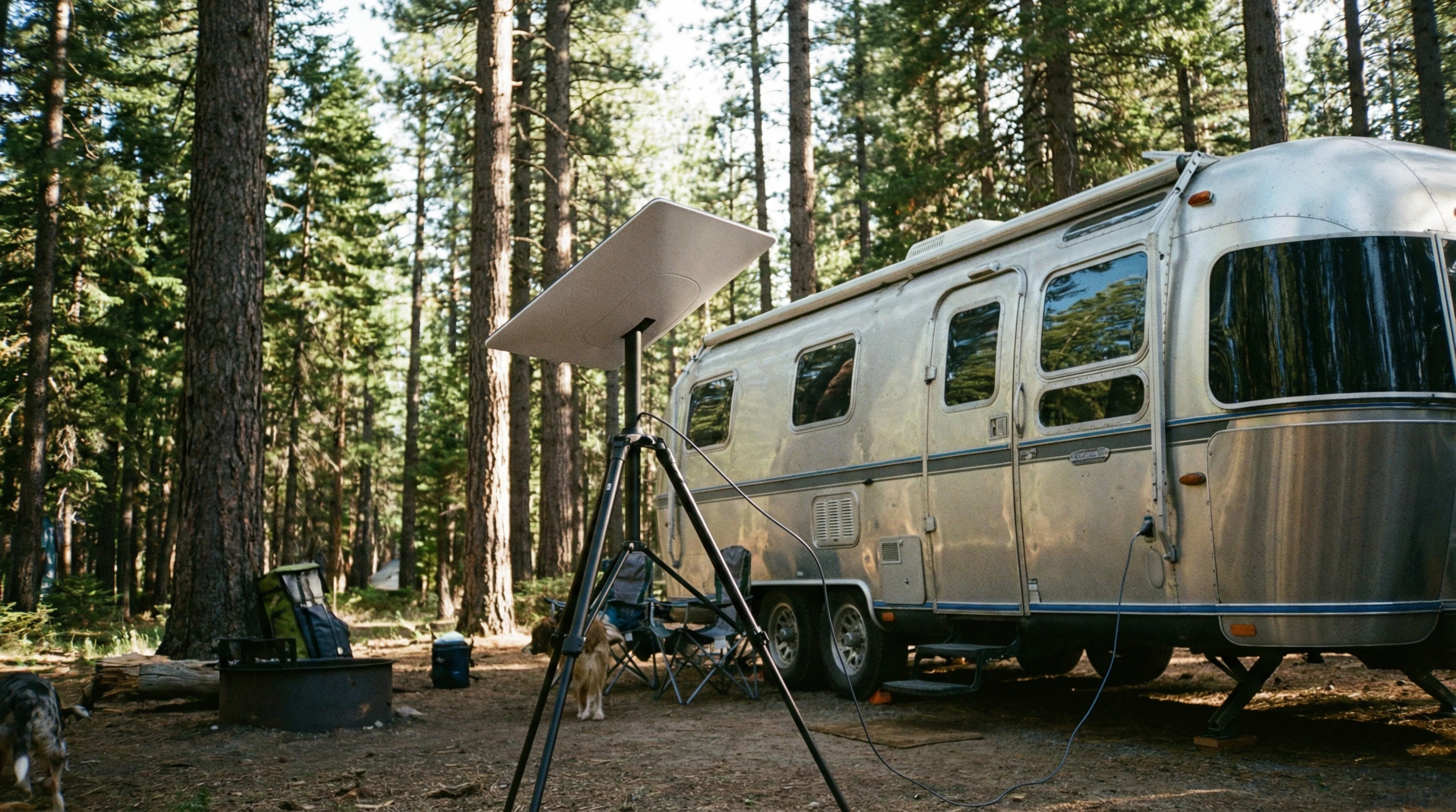 Starlink satellite dish setup outside an RV in a forest clearing