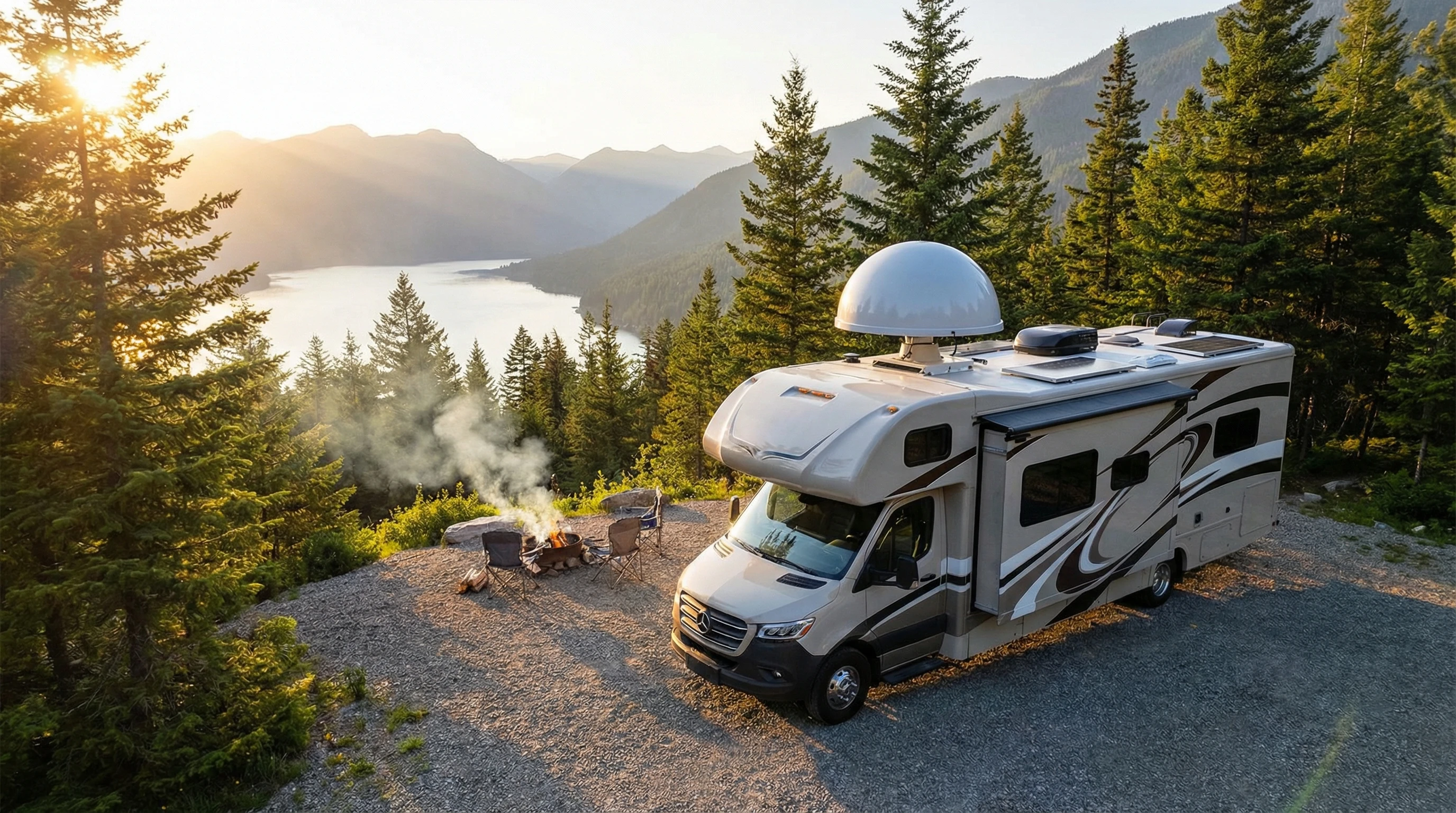 Satellite dish mounted on an RV roof at a scenic campsite