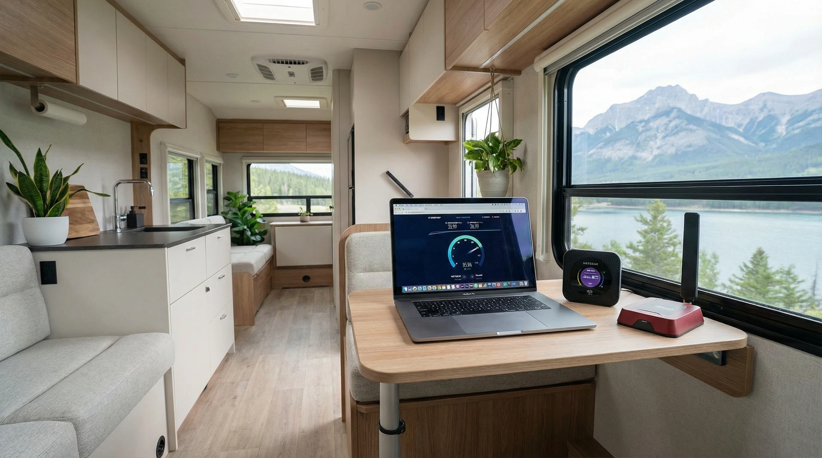 A scenic RV campsite surrounded by nature, with visible WiFi booster and clear sky for satellite access